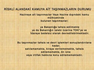 RİSKLİ ALANDAKİ KAMUYA AİT TAŞINMAZLARIN DURUMU
Hazineye ait taşınmazlar Veya Hazine dışındaki kamu
mülkiyetinde
bulunan taşınmazlar;
ya Bakanlığa tahsis edilmekte
ya da Bakanlığın talebi üzerine TOKİ’ye ve
İdareye bedelsiz olarak devredilebilmektedir.
Bu taşınmazlar tahsis ve devri işlemleri sonuçlandırılana
kadar,
satılamamakta, kiraya verilememekte, tahsis
edilememekte, ön izne
veya ir tifak hakkına konu edilememektedir.

 