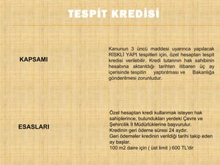 TESPİT KREDİSİ

KAPSAMI

ESASLARI

Kanunun 3 üncü maddesi uyarınca yapılacak
RİSKLİ YAPI tespitleri için, özel hesaptan tespit
kredisi verilebilir. Kredi tutarının hak sahibinin
hesabına aktarıldığı tarihten itibaren üç ay
içerisinde tespitin
yaptırılması ve
Bakanlığa
gönderilmesi zorunludur.

Özel hesaptan kredi kullanmak isteyen hak
sahiplerince, bulundukları yerdeki Çevre ve
Şehircilik İl Müdürlüklerine başvurulur.
Kredinin geri ödeme süresi 24 aydır.
Geri ödemeler kredinin verildiği tarihi takip eden
ay başlar.
100 m2 daire için ( üst limit ) 600 TL'dir

 