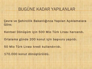 BUGÜNE KADAR YAPILANLAR
Çevre ve Şehircilik Bakanlığınca Yapılan Açıklamalara
Göre;
Kentsel Dönüşüm için 500 Mio Türk Lirası harcandı.

l

Ortalama günde 200 konut için başvuru yapıldı.

l

50 Mio Türk Lirası kredi kullandırıldı.

l

170.000 konut dönüştürüldü.

l

 