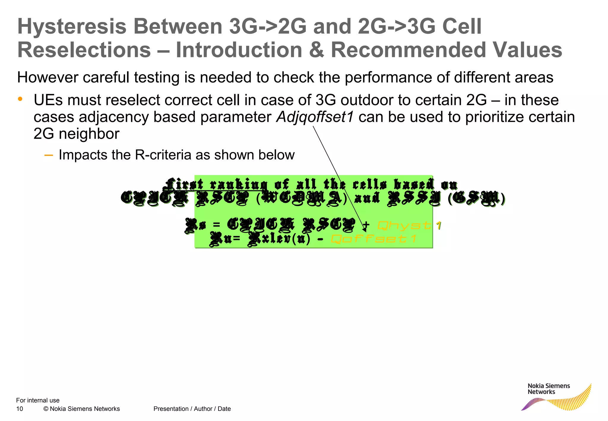 10 © Nokia Siemens Networks Presentation / Author / Date
For internal use
Hysteresis Between 3G->2G and 2G->3G Cell
Reselections – Introduction & Recommended Values
However careful testing is needed to check the performance of different areas
• UEs must reselect correct cell in case of 3G outdoor to certain 2G – in these
cases adjacency based parameter Adjqoffset1 can be used to prioritize certain
2G neighbor
– Impacts the R-criteria as shown below
First ranking of all the cells based on
CPICH RSCP WCDMA and RSSI GSM( ) ( )
Rs = CPICH RSCP + Qhyst1
Rn= Rxlev n( ) - Qoffset1
First ranking of all the cells based on
CPICH RSCP WCDMA and RSSI GSM( ) ( )
Rs = CPICH RSCP + Qhyst1
Rn= Rxlev n( ) - Qoffset1
 
