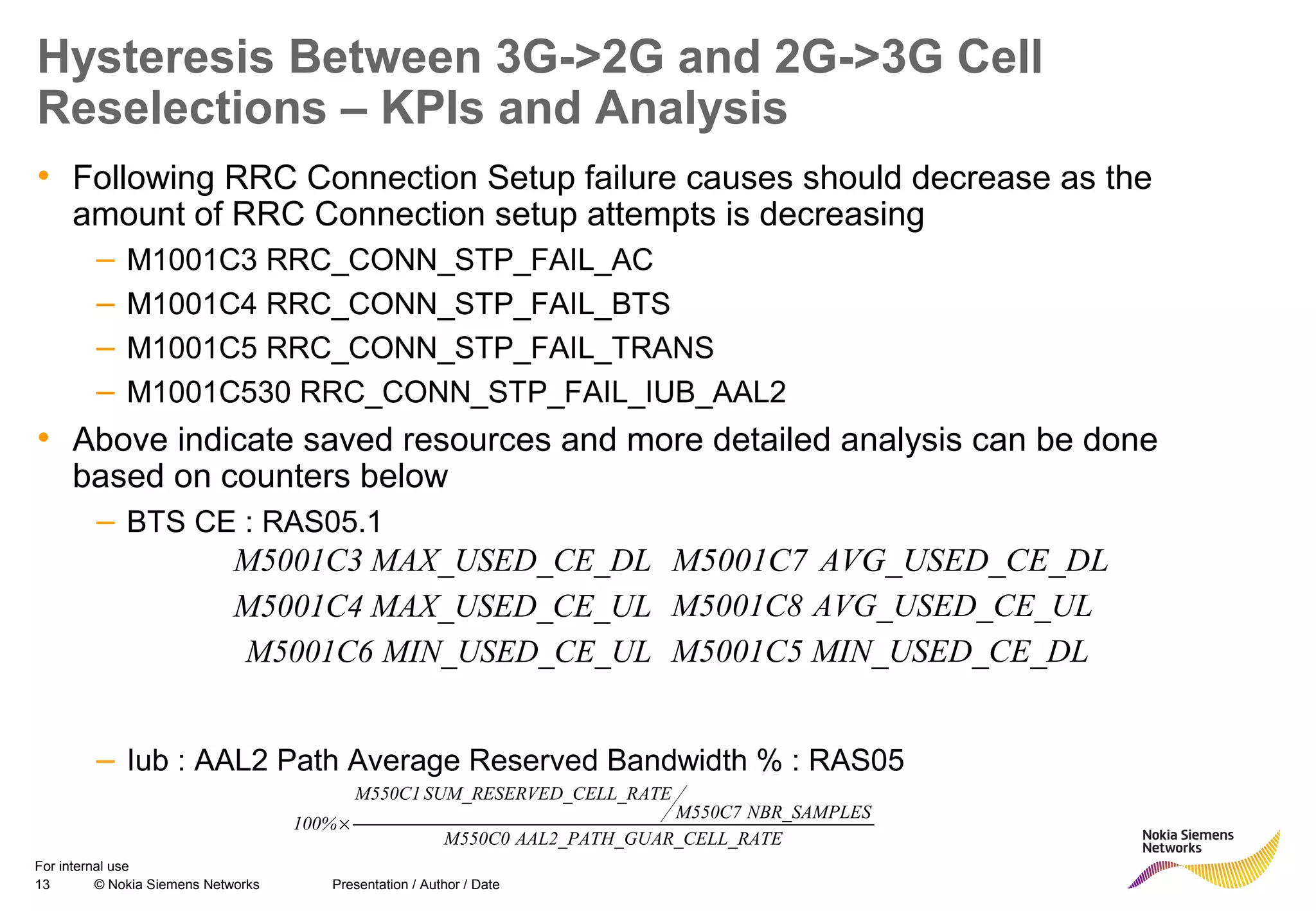 13 © Nokia Siemens Networks Presentation / Author / Date
For internal use
Hysteresis Between 3G->2G and 2G->3G Cell
Reselections – KPIs and Analysis
• Following RRC Connection Setup failure causes should decrease as the
amount of RRC Connection setup attempts is decreasing
– M1001C3 RRC_CONN_STP_FAIL_AC
– M1001C4 RRC_CONN_STP_FAIL_BTS
– M1001C5 RRC_CONN_STP_FAIL_TRANS
– M1001C530 RRC_CONN_STP_FAIL_IUB_AAL2
• Above indicate saved resources and more detailed analysis can be done
based on counters below
– BTS CE : RAS05.1
– Iub : AAL2 Path Average Reserved Bandwidth % : RAS05
E_DLMAX_USED_CM5001C3
CE_ULMAX_USED_M5001C4
E_DLMIN_USED_CM5001C5CE_ULMIN_USED_M5001C6
E_DLAVG_USED_CM5001C7
E_ULAVG_USED_CM5001C8
RATEGUAR_CELL_AAL2_PATH_M550C0
SNBR_SAMPLEM550C7
ATEVED_CELL_RSUM_RESERM550C1
100%×
 