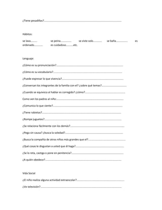 ¿Tiene pesadillas?..........................................................................................................
Hábitos:
se lava......... se peina............... se viste solo............ se baña................ es
ordenado............ es cuidadoso..........etc.
Lenguaje:
¿Cómo es su pronunciación?...........................................................................................
¿Cómo es su vocabulario?..............................................................................................
¿Puede expresar lo que vivencia?....................................................................................
¿Conversan los integrantes de la familia con el? ¿sobre qué temas?..................................
¿Cuando se equivoca al hablar es corregido? ¿cómo?.......................................................
Como ven los padres al niño:……………………………………………………………………………………….
¿Comunica lo que siente?...............................................................................................
¿Tiene rabietas?............................................................................................................
¿Rompe juguetes?.........................................................................................................
¿Se relaciona fácilmente con los demás?..........................................................................
¿Pega sin causa? ¿busca la soledad?...............................................................................
¿Busca la compañía de otros niños más grandes que el?...................................................
¿Qué cosas le disgustan a usted que él haga?..................................................................
¿Se lo reta, castiga o pone en penitencia?.......................................................................
¿A quién obedece?........................................................................................................
Vida Social
¿El niño realiza alguna actividad extraescolar?.................................................................
¿Ve televisión?...............................................................................................................
 