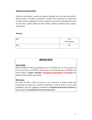 14 
Acréscimos à base de cálculo 
Deverão ser adicionados, os ganhos de capital na alienação de bens do ativo permanente e 
demais receitas ou resultados, percebidos no trimestre, não componentes da receita bruta 
mensal de vendas e prestação de serviços, inclusive os rendimentos de aplicações financeiras 
de renda fixa e ganhos líquidos de renda variável, variações monetárias ativas, alugueis 
recebidos, etc. 
Alíquotas 
IRPJ 15% 
10% (adicional) 
CSLL 9% 
IMPORTANTE 
PIS E COFINS 
Desde maio/2009, em face da publicação da Lei no 11.941/2009, cujo art. 79, XII, revogou o § 
1o do art.3o da Lei no 9.718/1998, a base de cálculo da contribuição para o PIS/Pasep e da 
Cofins devidos no regime cumulativo compreende exclusivamente o faturamento das 
pessoas jurídicas sujeitas a esse regime. 
IRPJ E CSLL 
No cálculo do IRPJ e CSLL com base no Lucro Presumido, as demais receitas não 
componentes da receita bruta, deverão ser adicionados a base de cálculo, ou seja, serão 
tributadas em 15% e 9%, inclusive os rendimentos de aplicações financeiras de renda fixa e 
ganhos líquidos de operações financeiras de renda variável. 
 