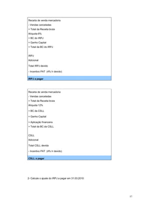 57 
Receita de venda mercadoria 
- Vendas canceladas 
= Total da Receita bruta 
Alíquota 8% 
= BC do IRPJ 
+ Ganho Capital 
= Total da BC do IRPJ 
IRPJ 
Adicional 
Total IRPJ devido 
- Incentivo PAT (4% Ir devido) 
IRPJ a pagar 
Receita de venda mercadoria 
- Vendas canceladas 
= Total da Receita bruta 
Alíquota 12% 
= BC da CSLL 
+ Ganho Capital 
+ Aplicação financeira 
= Total da BC da CSLL 
CSLL 
Adicional 
Total CSLL devida 
- Incentivo PAT (4% Ir devido) 
CSLL a pagar 
2- Calcule o ajuste do IRPJ a pagar em 31.03.2010: 
 