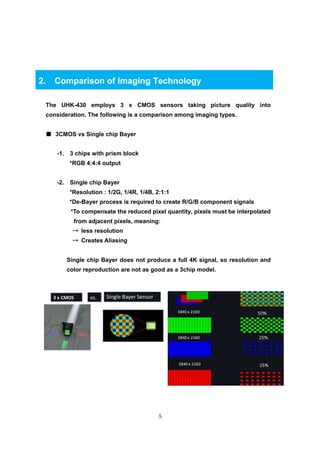 5
2. Comparison of Imaging Technology
The UHK-430 employs 3 x CMOS sensors taking picture quality into
consideration. The following is a comparison among imaging types.
■ 3CMOS vs Single chip Bayer
-1. 3 chips with prism block
*RGB 4:4:4 output
-2. Single chip Bayer
*Resolution : 1/2G, 1/4R, 1/4B, 2:1:1
*De-Bayer process is required to create R/G/B component signals
*To compensate the reduced pixel quantity, pixels must be interpolated
from adjacent pixels, meaning:
→→→→ less resolution
→→→→ Creates Aliasing
Single chip Bayer does not produce a full 4K signal, so resolution and
color reproduction are not as good as a 3chip model.
 