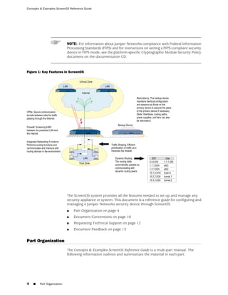 Concepts & Examples ScreenOS Reference Guide




                            NOTE: For information about Juniper Networks compliance with Federal Information
                            Processing Standards (FIPS) and for instructions on setting a FIPS-compliant security
                            device in FIPS mode, see the platform-specific Cryptographic Module Security Policy
                            document on the documentation CD.



Figure 1: Key Features in ScreenOS




                            The ScreenOS system provides all the features needed to set up and manage any
                            security appliance or system. This document is a reference guide for configuring and
                            managing a Juniper Networks security device through ScreenOS.
                            ■   Part Organization on page 4
                            ■   Document Conventions on page 10
                            ■   Requesting Technical Support on page 12
                            ■   Document Feedback on page 13


Part Organization
                            The Concepts & Examples ScreenOS Reference Guide is a multi-part manual. The
                            following information outlines and summarizes the material in each part:




4   ■   Part Organization
 
