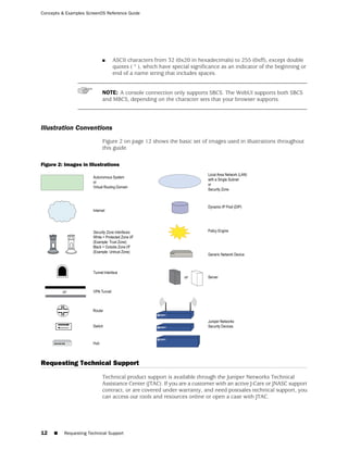 Concepts & Examples ScreenOS Reference Guide




                           ■    ASCII characters from 32 (0x20 in hexadecimals) to 255 (0xff), except double
                                quotes ( “ ), which have special significance as an indicator of the beginning or
                                end of a name string that includes spaces.


                           NOTE: A console connection only supports SBCS. The WebUI supports both SBCS
                           and MBCS, depending on the character sets that your browser supports.




Illustration Conventions
                           Figure 2 on page 12 shows the basic set of images used in illustrations throughout
                           this guide.

Figure 2: Images in Illustrations




Requesting Technical Support
                           Technical product support is available through the Juniper Networks Technical
                           Assistance Center (JTAC). If you are a customer with an active J-Care or JNASC support
                           contract, or are covered under warranty, and need postsales technical support, you
                           can access our tools and resources online or open a case with JTAC.




12   ■    Requesting Technical Support
 