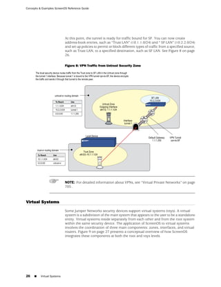 Concepts & Examples ScreenOS Reference Guide




                            At this point, the tunnel is ready for traffic bound for SF. You can now create
                            address-book entries, such as “Trust LAN” (10.1.1.0/24) and “ SF LAN” (10.2.2.0/24)
                            and set up policies to permit or block different types of traffic from a specified source,
                            such as Trust LAN, to a specified destination, such as SF LAN. See Figure 8 on page
                            26.

                            Figure 8: VPN Traffic from Untrust Security Zone




                            NOTE: For detailed information about VPNs, see “Virtual Private Networks” on page
                            705 .



Virtual Systems
                            Some Juniper Networks security devices support virtual systems (vsys). A virtual
                            system is a subdivision of the main system that appears to the user to be a standalone
                            entity. Virtual systems reside separately from each other and from the root system
                            within the same security device. The application of ScreenOS to virtual systems
                            involves the coordination of three main components: zones, interfaces, and virtual
                            routers. Figure 9 on page 27 presents a conceptual overview of how ScreenOS
                            integrates these components at both the root and vsys levels.




26   ■    Virtual Systems
 