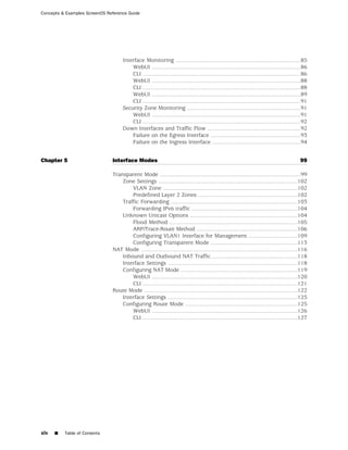Concepts & Examples ScreenOS Reference Guide




                                    Interface Monitoring ...............................................................................85
                                        WebUI ..............................................................................................86
                                        CLI ....................................................................................................86
                                        WebUI ..............................................................................................88
                                        CLI ....................................................................................................88
                                        WebUI ..............................................................................................89
                                        CLI ....................................................................................................91
                                    Security Zone Monitoring ........................................................................91
                                        WebUI ..............................................................................................91
                                        CLI ....................................................................................................92
                                    Down Interfaces and Traffic Flow ...........................................................92
                                        Failure on the Egress Interface .........................................................93
                                        Failure on the Ingress Interface ........................................................94


Chapter 5                      Interface Modes                                                                                               99

                               Transparent Mode .........................................................................................99
                                   Zone Settings ........................................................................................102
                                       VLAN Zone .....................................................................................102
                                       Predefined Layer 2 Zones ...............................................................102
                                   Traffic Forwarding ................................................................................103
                                       Forwarding IPv6 traffic ...................................................................104
                                   Unknown Unicast Options ....................................................................104
                                       Flood Method .................................................................................105
                                       ARP/Trace-Route Method ................................................................106
                                       Configuring VLAN1 Interface for Management ...............................109
                                       Configuring Transparent Mode .......................................................113
                               NAT Mode ...................................................................................................116
                                   Inbound and Outbound NAT Traffic ......................................................118
                                   Interface Settings ..................................................................................118
                                   Configuring NAT Mode ..........................................................................119
                                       WebUI ............................................................................................120
                                       CLI ..................................................................................................121
                               Route Mode .................................................................................................122
                                   Interface Settings ..................................................................................125
                                   Configuring Route Mode .......................................................................125
                                       WebUI ............................................................................................126
                                       CLI ..................................................................................................127




xiv   ■   Table of Contents
 