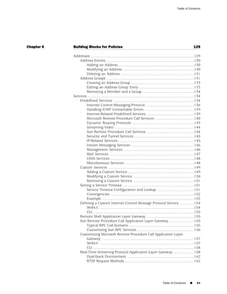 Table of Contents




Chapter 6   Building Blocks for Policies                                                                                 129

            Addresses ....................................................................................................129
                Address Entries .....................................................................................130
                     Adding an Address .........................................................................130
                     Modifying an Address .....................................................................130
                     Deleting an Address .......................................................................131
                Address Groups .....................................................................................131
                     Creating an Address Group .............................................................133
                     Editing an Address Group Entry .....................................................133
                     Removing a Member and a Group ..................................................134
            Services .......................................................................................................134
                Predefined Services ..............................................................................134
                     Internet Control Messaging Protocol ...............................................136
                     Handling ICMP Unreachable Errors ................................................139
                     Internet-Related Predefined Services ..............................................139
                     Microsoft Remote Procedure Call Services ......................................140
                     Dynamic Routing Protocols ............................................................143
                     Streaming Video .............................................................................144
                     Sun Remote Procedure Call Services ..............................................144
                     Security and Tunnel Services ..........................................................145
                     IP-Related Services .........................................................................145
                     Instant Messaging Services .............................................................146
                     Management Services ....................................................................146
                     Mail Services ..................................................................................147
                     UNIX Services .................................................................................148
                     Miscellaneous Services ...................................................................148
                Custom Services ...................................................................................149
                     Adding a Custom Service ................................................................149
                     Modifying a Custom Service ...........................................................150
                     Removing a Custom Service ...........................................................151
                Setting a Service Timeout .....................................................................151
                     Service Timeout Configuration and Lookup ....................................151
                     Contingencies .................................................................................152
                     Example .........................................................................................153
                Defining a Custom Internet Control Message Protocol Service ..............154
                     WebUI ............................................................................................154
                     CLI ..................................................................................................155
                Remote Shell Application Layer Gateway ..............................................155
                Sun Remote Procedure Call Application Layer Gateway ........................155
                     Typical RPC Call Scenario ...............................................................155
                     Customizing Sun RPC Services .......................................................156
                Customizing Microsoft Remote Procedure Call Application Layer
                     Gateway .........................................................................................157
                     WebUI ............................................................................................157
                     CLI ..................................................................................................158
                Real-Time Streaming Protocol Application Layer Gateway ....................158
                     Dual-Stack Environment .................................................................162
                     RTSP Request Methods ...................................................................162




                                                                                            Table of Contents        ■     xv
 