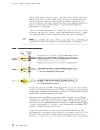Concepts & Examples ScreenOS Reference Guide




                            Putting all the tunnel interfaces in such a zone is very secure because there is no
                            chance for the failure of a VPN, which causes the route to the associated tunnel
                            interface to become inactive, to redirect traffic intended for tunneling to use a
                            non-tunneled route—such as the default route. (For several suggestions about how
                            to avoid such a problem, see “Route-Based Virtual Private Network Security
                            Considerations” on page 793.)

                            You can also bind a tunnel interface to a tunnel zone. When you do, it must have an
                            IP address. The purpose of binding a tunnel interface to a tunnel zone is to make
                            NAT services available for policy-based VPN tunnels. See Figure 19 on page 56.


                            NOTE: Network Address Translation (NAT) services include Dynamic IP (DIP) pools
                            and Mapped IP (MIP) addresses defined in the same subnet as an interface.



Figure 19: Tunnel Interface to Zone Binding




                            Conceptually, you can view VPN tunnels as pipes that you have laid. They extend
                            from the local device to remote gateways, and the tunnel interfaces are the openings
                            to these pipes. The pipes are always there, available for use whenever the routing
                            engine directs traffic to one of their interfaces.

                            Generally, assign an IP address to a tunnel interface if you want the interface to
                            support one or more Dynamic IP (DIP) pools for source address translation (NAT-src)
                            and Mapped IP (MIP) addresses for destination address translation (NAT-dst). For
                            more information about VPNs and address translation, see “VPN Sites with Overlapping
                            Addresses” on page 863. You can create a tunnel interface with an IP address and
                            netmask in either a security or tunnel zone.

                            If the tunnel interface does not need to support address translation, and your
                            configuration does not require the tunnel interface to be bound to a tunnel zone, you
                            can specify the interface as unnumbered. You must bind an unnumbered tunnel
                            interface to a security zone; you cannot bind it to a tunnel zone. You must also specify




56   ■    Interface Types
 