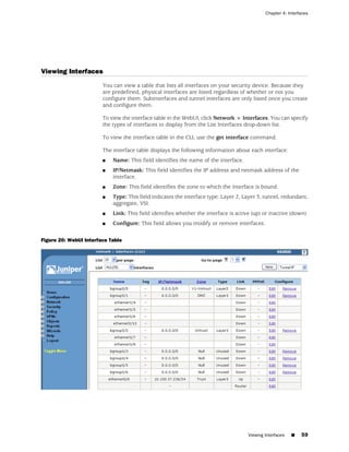 Chapter 4: Interfaces




Viewing Interfaces
                        You can view a table that lists all interfaces on your security device. Because they
                        are predefined, physical interfaces are listed regardless of whether or not you
                        configure them. Subinterfaces and tunnel interfaces are only listed once you create
                        and configure them.

                        To view the interface table in the WebUI, click Network > Interfaces. You can specify
                        the types of interfaces to display from the List Interfaces drop-down list.

                        To view the interface table in the CLI, use the get interface command.

                        The interface table displays the following information about each interface:
                        ■   Name: This field identifies the name of the interface.
                        ■   IP/Netmask: This field identifies the IP address and netmask address of the
                            interface.
                        ■   Zone: This field identifies the zone to which the interface is bound.
                        ■   Type: This field indicates the interface type: Layer 2, Layer 3, tunnel, redundant,
                            aggregate, VSI.
                        ■   Link: This field identifies whether the interface is active (up) or inactive (down).
                        ■   Configure: This field allows you modify or remove interfaces.

Figure 20: WebUI Interface Table




                                                                                      Viewing Interfaces   ■   59
 