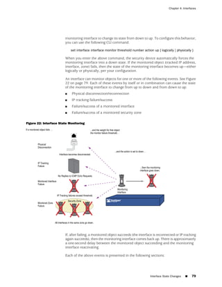 Chapter 4: Interfaces




                        monitoring interface to change its state from down to up. To configure this behavior,
                        you can use the following CLI command:

                            set interface interface monitor threshold number action up { logically | physically }

                        When you enter the above command, the security device automatically forces the
                        monitoring interface into a down state. If the monitored object (tracked IP address,
                        interface, zone) fails, then the state of the monitoring interface becomes up—either
                        logically or physically, per your configuration.

                        An interface can monitor objects for one or more of the following events. See Figure
                        22 on page 79. Each of these events by itself or in combination can cause the state
                        of the monitoring interface to change from up to down and from down to up:
                        ■   Physical disconnection/reconnection
                        ■   IP tracking failure/success
                        ■   Failure/success of a monitored interface
                        ■   Failure/success of a monitored security zone

Figure 22: Interface State Monitoring




                        If, after failing, a monitored object succeeds (the interface is reconnected or IP tracking
                        again succeeds), then the monitoring interface comes back up. There is approximately
                        a one-second delay between the monitored object succeeding and the monitoring
                        interface reactivating.

                        Each of the above events is presented in the following sections:




                                                                                   Interface State Changes   ■   79
 