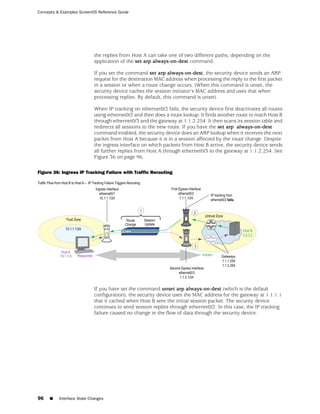 Concepts & Examples ScreenOS Reference Guide




                            the replies from Host A can take one of two different paths, depending on the
                            application of the set arp always-on-dest command.

                            If you set the command set arp always-on-dest, the security device sends an ARP
                            request for the destination MAC address when processing the reply to the first packet
                            in a session or when a route change occurs. (When this command is unset, the
                            security device caches the session initiator’s MAC address and uses that when
                            processing replies. By default, this command is unset).

                            When IP tracking on ethernet0/2 fails, the security device first deactivates all routes
                            using ethernet0/2 and then does a route lookup. It finds another route to reach Host B
                            through ethernet0/3 and the gateway at 1.1.2.254. It then scans its session table and
                            redirects all sessions to the new route. If you have the set arp always-on-dest
                            command enabled, the security device does an ARP lookup when it receives the next
                            packet from Host A because it is in a session affected by the route change. Despite
                            the ingress interface on which packets from Host B arrive, the security device sends
                            all further replies from Host A through ethernet0/3 to the gateway at 1.1.2.254. See
                            Figure 36 on page 96.

Figure 36: Ingress IP Tracking Failure with Traffic Rerouting




                            If you have set the command unset arp always-on-dest (which is the default
                            configuration), the security device uses the MAC address for the gateway at 1.1.1.1
                            that it cached when Host B sent the initial session packet. The security device
                            continues to send session replies through ethernet0/2. In this case, the IP tracking
                            failure caused no change in the flow of data through the security device.




96   ■    Interface State Changes
 