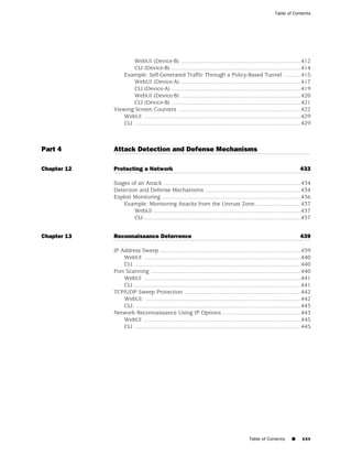 Table of Contents




                     WebUI (Device-B) ...........................................................................412
                     CLI (Device-B) .................................................................................414
                 Example: Self-Generated Traffic Through a Policy-Based Tunnel ...........415
                     WebUI (Device-A) ...........................................................................417
                     CLI (Device-A) .................................................................................419
                     WebUI (Device-B) ...........................................................................420
                     CLI (Device-B) .................................................................................421
             Viewing Screen Counters .............................................................................422
                 WebUI ..................................................................................................429
                 CLI ........................................................................................................429



Part 4       Attack Detection and Defense Mechanisms

Chapter 12   Protecting a Network                                                                                        433

             Stages of an Attack ......................................................................................434
             Detection and Defense Mechanisms ............................................................434
             Exploit Monitoring .......................................................................................436
                 Example: Monitoring Attacks from the Untrust Zone ............................437
                     WebUI ............................................................................................437
                     CLI ..................................................................................................437


Chapter 13   Reconnaissance Deterrence                                                                                   439

             IP Address Sweep ........................................................................................439
                 WebUI ..................................................................................................440
                 CLI ........................................................................................................440
             Port Scanning ..............................................................................................440
                 WebUI ..................................................................................................441
                 CLI ........................................................................................................441
             TCP/UDP Sweep Protection .........................................................................442
                 WebUI: .................................................................................................442
                 CLI: .......................................................................................................443
             Network Reconnaissance Using IP Options .................................................443
                 WebUI ..................................................................................................445
                 CLI ........................................................................................................445




                                                                                            Table of Contents        ■     xxv
 