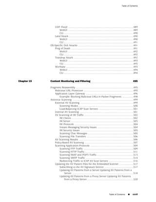 Table of Contents




                 UDP Flood ............................................................................................489
                     WebUI ............................................................................................489
                     CLI ..................................................................................................490
                 Land Attack ...........................................................................................490
                     WebUI ............................................................................................490
                     CLI ..................................................................................................491
             OS-Specific DoS Attacks ..............................................................................491
                 Ping of Death ........................................................................................491
                     WebUI ............................................................................................492
                     CLI ..................................................................................................492
                 Teardrop Attack ....................................................................................492
                     WebUI ............................................................................................493
                     CLI ..................................................................................................493
                 WinNuke ...............................................................................................493
                     WebUI ............................................................................................494
                     CLI ..................................................................................................494


Chapter 15   Content Monitoring and Filtering                                                                           495

             Fragment Reassembly .................................................................................495
                 Malicious URL Protection ......................................................................495
                 Application Layer Gateway ...................................................................496
                     Example: Blocking Malicious URLs in Packet Fragments ................498
             Antivirus Scanning ......................................................................................499
                 External AV Scanning ...........................................................................499
                     Scanning Modes .............................................................................500
                     Load-Balancing ICAP Scan Servers .................................................501
                 Internal AV Scanning ............................................................................501
                 AV Scanning of IM Traffic .....................................................................502
                     IM Clients .......................................................................................502
                     IM Server ........................................................................................503
                     IM Protocols ...................................................................................504
                     Instant Messaging Security Issues ...................................................504
                     IM Security Issues ...........................................................................505
                     Scanning Chat Messages ................................................................505
                     Scanning File Transfers ..................................................................506
                 AV Scanning Results .............................................................................506
                 Policy-Based AV Scanning .....................................................................507
                 Scanning Application Protocols .............................................................509
                     Scanning FTP Traffic ......................................................................509
                     Scanning HTTP Traffic ....................................................................511
                     Scanning IMAP and POP3 Traffic ...................................................513
                     Scanning SMTP Traffic ...................................................................514
                     Redirecting Traffic to ICAP AV Scan Servers ...................................516
                 Updating the AV Pattern Files for the Embedded Scanner ....................517
                     Subscribing to the AV Signature Service .........................................517
                     Updating AV Patterns from a Server Updating AV Patterns from a
                          Server ......................................................................................518
                     Updating AV Patterns from a Proxy Server Updating AV Patterns
                          from a Proxy Server .................................................................520




                                                                                         Table of Contents       ■     xxvii
 