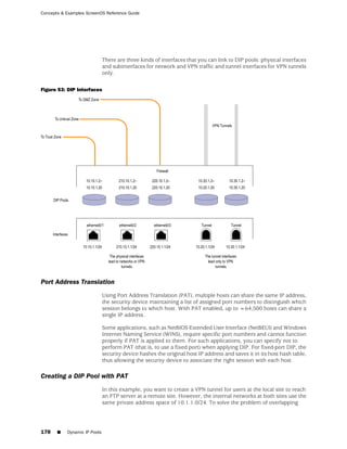 Concepts & Examples ScreenOS Reference Guide




                              There are three kinds of interfaces that you can link to DIP pools: physical interfaces
                              and subinterfaces for network and VPN traffic and tunnel interfaces for VPN tunnels
                              only.

Figure 53: DIP Interfaces




Port Address Translation
                              Using Port Address Translation (PAT), multiple hosts can share the same IP address,
                              the security device maintaining a list of assigned port numbers to distinguish which
                              session belongs to which host. With PAT enabled, up to ~64,500 hosts can share a
                              single IP address.

                              Some applications, such as NetBIOS Extended User Interface (NetBEUI) and Windows
                              Internet Naming Service (WINS), require specific port numbers and cannot function
                              properly if PAT is applied to them. For such applications, you can specify not to
                              perform PAT (that is, to use a fixed port) when applying DIP. For fixed-port DIP, the
                              security device hashes the original host IP address and saves it in its host hash table,
                              thus allowing the security device to associate the right session with each host.

Creating a DIP Pool with PAT
                              In this example, you want to create a VPN tunnel for users at the local site to reach
                              an FTP server at a remote site. However, the internal networks at both sites use the
                              same private address space of 10.1.1.0/24. To solve the problem of overlapping




178    ■   Dynamic IP Pools
 