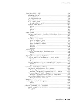 Table of Contents




Attack Objects and Groups ..........................................................................574
    Supported Protocols ..............................................................................575
    Stateful Signatures ................................................................................578
    TCP Stream Signatures .........................................................................579
    Protocol Anomalies ...............................................................................579
    Attack Object Groups ............................................................................580
        Changing Severity Levels ................................................................580
    Disabling Attack Objects .......................................................................581
        WebUI ............................................................................................582
        CLI ..................................................................................................582
        WebUI ............................................................................................582
        CLI ..................................................................................................582
Attack Actions .............................................................................................582
    Example: Attack Actions—Close Server, Close, Close Client ..................583
        WebUI ............................................................................................585
        CLI ..................................................................................................589
    Brute Force Attack Actions ....................................................................590
        Brute Force Attack Objects .............................................................590
        Brute Force Attack Target ...............................................................591
        Brute Force Attack Timeout ............................................................592
        Example 1 ......................................................................................592
        Example 2 ......................................................................................593
        Example 3 ......................................................................................593
Attack Logging .............................................................................................593
    Example: Disabling Logging per Attack Group ......................................593
        WebUI ............................................................................................594
        CLI ..................................................................................................594
Mapping Custom Services to Applications ...................................................595
    Example: Mapping an Application to a Custom Service ........................596
        WebUI ............................................................................................596
        CLI ..................................................................................................597
    Example: Application-to-Service Mapping for HTTP Attacks ..................598
        WebUI ............................................................................................598
        CLI ..................................................................................................599
Customized Attack Objects and Groups .......................................................599
    User-Defined Stateful Signature Attack Objects .....................................600
        Regular Expressions .......................................................................600
        Example: User-Defined Stateful Signature Attack Objects ...............602
    TCP Stream Signature Attack Objects ...................................................604
        Example: User-Defined Stream Signature Attack Object .................605
    Configurable Protocol Anomaly Parameters ..........................................606
        Example: Modifying Parameters .....................................................607
Negation ......................................................................................................608
    Example: Attack Object Negation .........................................................608
        WebUI ............................................................................................609
        CLI ..................................................................................................611
Granular Blocking of HTTP Components .....................................................612
    ActiveX Controls ...................................................................................612
    Java Applets ..........................................................................................613




                                                                             Table of Contents        ■     xxix
 