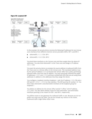 Chapter 6: Building Blocks for Policies




Figure 55: Loopback DIP




                          In this example, the security device receives the following IP addresses for two Untrust
                          zone interfaces from different Internet service providers (ISPs): ISP-1 and ISP-2:
                          ■   ethernet0/2, 1.1.1.1/24, ISP-1
                          ■   ethernet0/3, 1.2.2.1/24, ISP-2

                          You bind these interfaces to the Untrust zone and then assign them the above IP
                          addresses. You also bind ethernet0/1 to the Trust zone and assign it IP address
                          10.1.1.1/24.

                          You want the security device to translate the source address in outbound traffic from
                          the Trust zone to a remote office in the Untrust zone. The translated address must
                          be the same IP address (1.3.3.2) because the remote office has a policy permitting
                          inbound traffic only from that IP address. You have previously obtained the public
                          IP addresses 1.3.3.1 and 1.3.3.2 and have notified both ISPs that you are using these
                          addresses in addition to the addresses that they assign the device.

                          You configure a loopback interface loopback.1 with the IP address 1.3.3.1/30 and a
                          DIP pool of 1.3.3.2 – 1.3.3.2 on that interface. The DIP pool has ID number 10. You
                          then make ethernet0/1 and ethernet0/2 members of the loopback group for
                          loopback.1.

                          You define an address for the remote office named “r-office” with IP address
                          2.2.2.2/32. You also define default routes for both ethernet0/1 and ethernet0/2
                          interfaces pointing to the routers for ISP-1 and ISP-2, respectively.

                          You define routes to two gateways for outbound traffic to use. Because you do not
                          prefer one route over the other, you do not include any metrics in the routes.
                          Outbound traffic might follow either route.




                                                                                        Dynamic IP Pools     ■     187
 