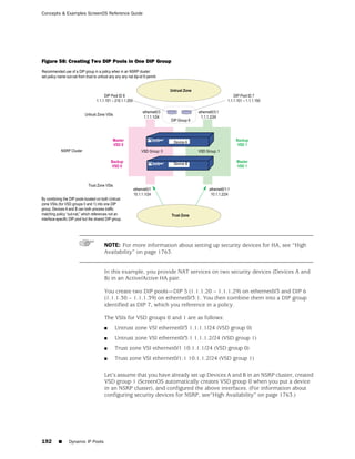 Concepts & Examples ScreenOS Reference Guide




Figure 58: Creating Two DIP Pools in One DIP Group




                              NOTE: For more information about setting up security devices for HA, see “High
                              Availability” on page 1763.


                              In this example, you provide NAT services on two security devices (Devices A and
                              B) in an Active/Active HA pair.

                              You create two DIP pools—DIP 5 (1.1.1.20 – 1.1.1.29) on ethernet0/3 and DIP 6
                              (1.1.1.30 – 1.1.1.39) on ethernet0/3:1. You then combine them into a DIP group
                              identified as DIP 7, which you reference in a policy.

                              The VSIs for VSD groups 0 and 1 are as follows:
                              ■   Untrust zone VSI ethernet0/3 1.1.1.1/24 (VSD group 0)
                              ■   Untrust zone VSI ethernet0/3:1 1.1.1.2/24 (VSD group 1)
                              ■   Trust zone VSI ethernet0/1 10.1.1.1/24 (VSD group 0)
                              ■   Trust zone VSI ethernet0/1:1 10.1.1.2/24 (VSD group 1)

                              Let’s assume that you have already set up Devices A and B in an NSRP cluster, created
                              VSD group 1 (ScreenOS automatically creates VSD group 0 when you put a device
                              in an NSRP cluster), and configured the above interfaces. (For information about
                              configuring security devices for NSRP, see“High Availability” on page 1763.)




192    ■   Dynamic IP Pools
 