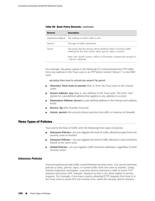 Concepts & Examples ScreenOS Reference Guide




                            Table 28: Basic Policy Elements (continued)

                                Element               Description

                                Destination Address   The address to which traffic is sent

                                Service               The type of traffic transmitted

                                Action                The action that the security device performs when it receives traffic
                                                      meeting the first four criteria: deny, permit, reject, or tunnel

                                                      Note: The “tunnel” action—VPN or L2TP tunnel—contains the concept of
                                                      “ permit” implicitly.



                            For example, the policy stated in the following CLI command permits FTP traffic
                            from any address in the Trust zone to an FTP server named “server1” in the DMZ
                            zone:

                                  set policy from trust to untrust any server1 ftp permit

                            ■      Direction: from trust to untrust (that is, from the Trust zone to the Untrust
                                   zone)
                            ■      Source Address: any (that is, any address in the Trust zone. The term “any”
                                   stands for a predefined address that applies to any address in a zone)
                            ■      Destination Address: server1 (a user-defined address in the Untrust zone address
                                   book)
                            ■      Service: ftp (File Transfer Protocol)
                            ■      Action: permit (the security device permits this traffic to traverse its firewall)


Three Types of Policies
                            You control the flow of traffic with the following three types of policies:
                            ■      Interzone Policies—Let you regulate the kind of traffic allowed to pass from one
                                   security zone to another.
                            ■      Intrazone Policies— Let you regulate the kind of traffic allowed to cross interfaces
                                   bound to the same zone.
                            ■      Global Policies—Let you regulate traffic between addresses, regardless of their
                                   security zones.


Interzone Policies
                            Interzone policies provide traffic control between security zones. You can set interzone
                            policies to deny, permit, reject, or tunnel traffic from one zone to another. Using
                            stateful inspection techniques, a security device maintains a table of active TCP
                            sessions and active UDP “pseudo” sessions so that it can allow replies to service
                            requests. For example, if you have a policy allowing HTTP requests from host A in
                            the Trust zone to server B in the Untrust zone, when the security device receives




198    ■   Three Types of Policies
 