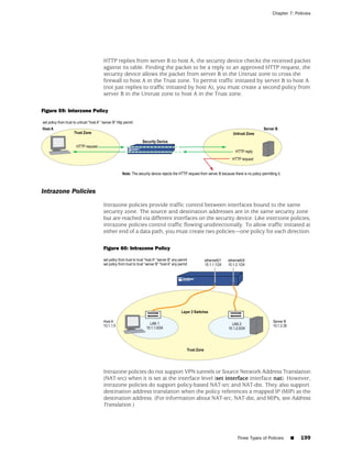 Chapter 7: Policies




                         HTTP replies from server B to host A, the security device checks the received packet
                         against its table. Finding the packet to be a reply to an approved HTTP request, the
                         security device allows the packet from server B in the Untrust zone to cross the
                         firewall to host A in the Trust zone. To permit traffic initiated by server B to host A
                         (not just replies to traffic initiated by host A), you must create a second policy from
                         server B in the Untrust zone to host A in the Trust zone.

Figure 59: Interzone Policy




Intrazone Policies
                         Intrazone policies provide traffic control between interfaces bound to the same
                         security zone. The source and destination addresses are in the same security zone
                         but are reached via different interfaces on the security device. Like interzone policies,
                         intrazone policies control traffic flowing unidirectionally. To allow traffic initiated at
                         either end of a data path, you must create two policies—one policy for each direction.

                         Figure 60: Intrazone Policy




                         Intrazone policies do not support VPN tunnels or Source Network Address Translation
                         (NAT-src) when it is set at the interface level (set interface interface nat). However,
                         intrazone policies do support policy-based NAT-src and NAT-dst. They also support
                         destination address translation when the policy references a mapped IP (MIP) as the
                         destination address. (For information about NAT-src, NAT-dst, and MIPs, see Address
                         Translation.)




                                                                                   Three Types of Policies   ■    199
 