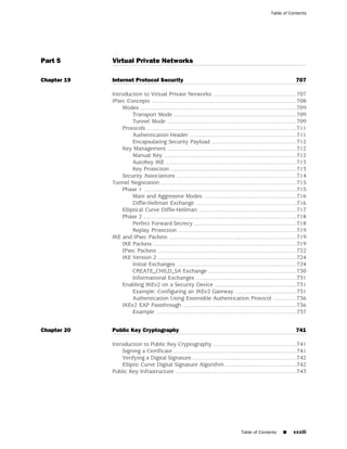 Table of Contents




Part 5       Virtual Private Networks

Chapter 19   Internet Protocol Security                                                                                707

             Introduction to Virtual Private Networks .....................................................707
             IPsec Concepts ............................................................................................708
                 Modes ...................................................................................................709
                      Transport Mode ..............................................................................709
                      Tunnel Mode ..................................................................................709
                 Protocols ...............................................................................................711
                      Authentication Header ....................................................................711
                      Encapsulating Security Payload ......................................................712
                 Key Management ..................................................................................712
                      Manual Key ....................................................................................712
                      AutoKey IKE ...................................................................................713
                      Key Protection ................................................................................713
                 Security Associations ............................................................................714
             Tunnel Negotiation ......................................................................................715
                 Phase 1 .................................................................................................715
                      Main and Aggressive Modes ...........................................................716
                      Diffie-Hellman Exchange ................................................................716
                 Elliptical Curve Diffie-Hellman ..............................................................717
                 Phase 2 .................................................................................................718
                      Perfect Forward Secrecy .................................................................718
                      Replay Protection ...........................................................................719
             IKE and IPsec Packets .................................................................................719
                 IKE Packets ...........................................................................................719
                 IPsec Packets ........................................................................................722
                 IKE Version 2 ........................................................................................724
                      Initial Exchanges ............................................................................724
                      CREATE_CHILD_SA Exchange ........................................................730
                      Informational Exchanges ................................................................731
                 Enabling IKEv2 on a Security Device ....................................................731
                      Example: Configuring an IKEv2 Gateway .......................................731
                      Authentication Using Extensible Authentication Protocol ...............736
                 IKEv2 EAP Passthrough ........................................................................736
                      Example .........................................................................................737


Chapter 20   Public Key Cryptography                                                                                   741

             Introduction to Public Key Cryptography .....................................................741
                 Signing a Certificate ..............................................................................741
                 Verifying a Digital Signature ..................................................................742
                 Elliptic Curve Digital Signature Algorithm .............................................742
             Public Key Infrastructure .............................................................................743




                                                                                       Table of Contents       ■     xxxiii
 