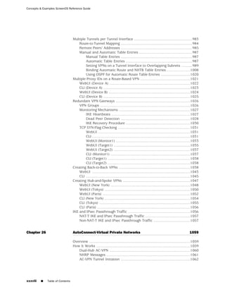 Concepts & Examples ScreenOS Reference Guide




                                  Multiple Tunnels per Tunnel Interface .........................................................983
                                      Route-to-Tunnel Mapping ......................................................................984
                                      Remote Peers’ Addresses ......................................................................985
                                      Manual and Automatic Table Entries ....................................................987
                                          Manual Table Entries ......................................................................987
                                          Automatic Table Entries .................................................................987
                                          Setting VPNs on a Tunnel Interface to Overlapping Subnets ...........989
                                          Binding Automatic Route and NHTB Table Entries .......................1008
                                          Using OSPF for Automatic Route Table Entries .............................1020
                                  Multiple Proxy IDs on a Route-Based VPN .................................................1021
                                      WebUI (Device A) ...............................................................................1022
                                      CLI (Device A) .....................................................................................1023
                                      WebUI (Device B) ................................................................................1024
                                      CLI (Device B) .....................................................................................1025
                                  Redundant VPN Gateways .........................................................................1026
                                      VPN Groups ........................................................................................1026
                                      Monitoring Mechanisms ......................................................................1027
                                          IKE Heartbeats .............................................................................1027
                                          Dead Peer Detection ....................................................................1028
                                          IKE Recovery Procedure ...............................................................1030
                                      TCP SYN-Flag Checking .......................................................................1031
                                          WebUI ..........................................................................................1031
                                          CLI ................................................................................................1031
                                          WebUI (Monitor1) .........................................................................1033
                                          WebUI (Target1) ...........................................................................1035
                                          WebUI (Target2) ...........................................................................1037
                                          CLI (Monitor1) ..............................................................................1037
                                          CLI (Target1) .................................................................................1038
                                          CLI (Target2) .................................................................................1038
                                  Creating Back-to-Back VPNs ......................................................................1038
                                      WebUI ................................................................................................1043
                                      CLI ......................................................................................................1045
                                  Creating Hub-and-Spoke VPNs ..................................................................1047
                                      WebUI (New York) ..............................................................................1048
                                      WebUI (Tokyo) ....................................................................................1050
                                      WebUI (Paris) ......................................................................................1052
                                      CLI (New York) ....................................................................................1054
                                      CLI (Tokyo) .........................................................................................1055
                                      CLI (Paris) ...........................................................................................1056
                                  IKE and IPsec Passthrough Traffic .............................................................1056
                                      NAT-T IKE and IPsec Passthrough Traffic ............................................1057
                                      Non-NAT-T IKE and IPsec Passthrough Traffic ....................................1057


Chapter 26                        AutoConnect-Virtual Private Networks                                                                      1059

                                  Overview ...................................................................................................1059
                                  How It Works ............................................................................................1059
                                     Dual-Hub AC-VPN ...............................................................................1060
                                     NHRP Messages ..................................................................................1061
                                     AC-VPN Tunnel Initiation ....................................................................1062




xxxviii   ■   Table of Contents
 