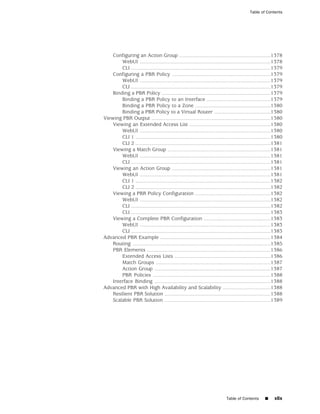 Table of Contents




    Configuring an Action Group ...............................................................1378
        WebUI ..........................................................................................1378
        CLI ................................................................................................1379
    Configuring a PBR Policy ....................................................................1379
        WebUI ..........................................................................................1379
        CLI ................................................................................................1379
    Binding a PBR Policy ...........................................................................1379
        Binding a PBR Policy to an Interface ............................................1379
        Binding a PBR Policy to a Zone ....................................................1380
        Binding a PBR Policy to a Virtual Router .......................................1380
Viewing PBR Output ..................................................................................1380
    Viewing an Extended Access List ........................................................1380
        WebUI ..........................................................................................1380
        CLI 1 .............................................................................................1380
        CLI 2 .............................................................................................1381
    Viewing a Match Group .......................................................................1381
        WebUI ..........................................................................................1381
        CLI ................................................................................................1381
    Viewing an Action Group ....................................................................1381
        WebUI ..........................................................................................1381
        CLI 1 .............................................................................................1382
        CLI 2 .............................................................................................1382
    Viewing a PBR Policy Configuration ....................................................1382
        WebUI ..........................................................................................1382
        CLI ................................................................................................1382
        CLI ................................................................................................1383
    Viewing a Complete PBR Configuration ..............................................1383
        WebUI ..........................................................................................1383
        CLI ................................................................................................1383
Advanced PBR Example ............................................................................1384
    Routing ...............................................................................................1385
    PBR Elements .....................................................................................1386
        Extended Access Lists ..................................................................1386
        Match Groups ...............................................................................1387
        Action Group ................................................................................1387
        PBR Policies .................................................................................1388
    Interface Binding ................................................................................1388
Advanced PBR with High Availability and Scalability .................................1388
    Resilient PBR Solution .........................................................................1388
    Scalable PBR Solution .........................................................................1389




                                                                             Table of Contents       ■     xlix
 