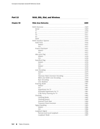 Concepts & Examples ScreenOS Reference Guide




Part 12                        WAN, DSL, Dial, and Wireless

Chapter 58                     Wide Area Networks                                                                                      1869

                               WAN Overview ..........................................................................................1869
                                 Serial ..................................................................................................1869
                                 T1 .......................................................................................................1870
                                 E1 .......................................................................................................1871
                                 T3 .......................................................................................................1871
                                 E3 .......................................................................................................1872
                                 ISDN ...................................................................................................1872
                               WAN Interface Options .............................................................................1874
                                 Hold Time ...........................................................................................1876
                                      WebUI ..........................................................................................1877
                                      CLI ................................................................................................1877
                                 Frame Checksum ................................................................................1877
                                      WebUI ..........................................................................................1877
                                      CLI ................................................................................................1877
                                 Idle-cycle Flag .....................................................................................1877
                                      WebUI ..........................................................................................1878
                                      CLI ................................................................................................1878
                                 Start/End Flag .....................................................................................1878
                                      WebUI ..........................................................................................1878
                                      CLI ................................................................................................1878
                                      WebUI ..........................................................................................1878
                                      CLI ................................................................................................1878
                                 Line Encoding .....................................................................................1878
                                      WebUI ..........................................................................................1879
                                      CLI ................................................................................................1879
                                      Alternate Mark Inversion Encoding ..............................................1879
                                      B8ZS and HDB3 Line Encoding ....................................................1879
                                      Byte Encoding ..............................................................................1880
                                      Line Buildout ................................................................................1880
                                 Framing Mode ....................................................................................1881
                                      WebUI ..........................................................................................1881
                                      CLI ................................................................................................1881
                                      Superframe for T1 ........................................................................1881
                                      Extended Superframe for T1 ........................................................1881
                                      C-Bit Parity Framing for T3 ...........................................................1881
                                 Clocking ..............................................................................................1882
                                      Clocking Mode ..............................................................................1882
                                      Clocking Source ............................................................................1883
                                      Internal Clock Rate .......................................................................1884
                                      Transmit Clock Inversion ..............................................................1885
                                 Signal Handling ...................................................................................1885
                                      WebUI ..........................................................................................1886
                                      CLI ................................................................................................1886
                                 Loopback Signal ..................................................................................1886
                                      Remote and Local Loopback .........................................................1886
                                      Loopback Mode ............................................................................1887




lxvi   ■   Table of Contents
 