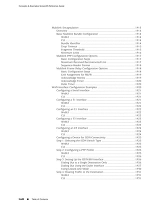 Concepts & Examples ScreenOS Reference Guide




                                 Multilink Encapsulation .............................................................................1913
                                     Overview ............................................................................................1913
                                     Basic Multilink Bundle Configuration ..................................................1914
                                          WebUI ..........................................................................................1914
                                          CLI ................................................................................................1914
                                          Bundle Identifier ...........................................................................1914
                                          Drop Timeout ...............................................................................1915
                                          Fragment Threshold .....................................................................1915
                                          Minimum Links ............................................................................1916
                                     Multilink PPP Configuration Options ...................................................1917
                                          Basic Configuration Steps .............................................................1917
                                          Maximum Received Reconstructed Unit .......................................1917
                                          Sequence-Header Format .............................................................1918
                                     Multilink Frame Relay Configuration Options .....................................1918
                                          Basic Configuration Steps .............................................................1918
                                          Link Assignment for MLFR ...........................................................1919
                                          Acknowledge Retries ....................................................................1919
                                          Acknowledge Timer ......................................................................1920
                                          Hello Timer ..................................................................................1920
                                 WAN Interface Configuration Examples ....................................................1920
                                     Configuring a Serial Interface ..............................................................1921
                                          WebUI ..........................................................................................1921
                                          CLI ................................................................................................1921
                                     Configuring a T1 Interface ..................................................................1921
                                          WebUI ..........................................................................................1921
                                          CLI ................................................................................................1922
                                     Configuring an E1 Interface ................................................................1922
                                          WebUI ..........................................................................................1922
                                          CLI ................................................................................................1923
                                     Configuring a T3 Interface ..................................................................1923
                                          WebUI ..........................................................................................1923
                                          CLI ................................................................................................1923
                                     Configuring an E3 Interface ................................................................1924
                                          WebUI ..........................................................................................1924
                                          CLI ................................................................................................1924
                                     Configuring a Device for ISDN Connectivity ........................................1925
                                     Step 1: Selecting the ISDN Switch Type ..............................................1925
                                          WebUI ..........................................................................................1925
                                          CLI ................................................................................................1925
                                     Step 2: Configuring a PPP Profile ........................................................1925
                                          WebUI ..........................................................................................1925
                                          CLI ................................................................................................1926
                                     Step 3: Setting Up the ISDN BRI Interface ...........................................1926
                                          Dialing Out to a Single Destination Only ......................................1926
                                          Dialing Out Using the Dialer Interface ..........................................1927
                                          Using Leased-Line Mode ...............................................................1930
                                     Step 4: Routing Traffic to the Destination ...........................................1931
                                          WebUI ..........................................................................................1931
                                          CLI ................................................................................................1931




lxviii   ■   Table of Contents
 