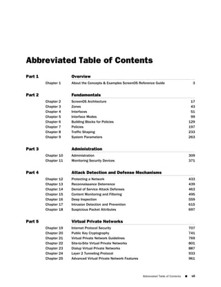 Abbreviated Table of Contents
Part 1                Overview
         Chapter 1    About the Concepts & Examples ScreenOS Reference Guide                            3


Part 2                Fundamentals
         Chapter 2    ScreenOS Architecture                                                            17
         Chapter 3    Zones                                                                            43
         Chapter 4    Interfaces                                                                       51
         Chapter 5    Interface Modes                                                                  99
         Chapter 6    Building Blocks for Policies                                                    129
         Chapter 7    Policies                                                                        197
         Chapter 8    Traffic Shaping                                                                 233
         Chapter 9    System Parameters                                                               263


Part 3                Administration
         Chapter 10   Administration                                                                  309
         Chapter 11   Monitoring Security Devices                                                     371


Part 4                Attack Detection and Defense Mechanisms
         Chapter 12   Protecting a Network                                                            433
         Chapter 13   Reconnaissance Deterrence                                                       439
         Chapter 14   Denial of Service Attack Defenses                                               463
         Chapter 15   Content Monitoring and Filtering                                                495
         Chapter 16   Deep Inspection                                                                 559
         Chapter 17   Intrusion Detection and Prevention                                              615
         Chapter 18   Suspicious Packet Attributes                                                    697


Part 5                Virtual Private Networks
         Chapter 19   Internet Protocol Security                                                      707
         Chapter 20   Public Key Cryptography                                                         741
         Chapter 21   Virtual Private Network Guidelines                                              769
         Chapter 22   Site-to-Site Virtual Private Networks                                           801
         Chapter 23   Dialup Virtual Private Networks                                                 887
         Chapter 24   Layer 2 Tunneling Protocol                                                      933
         Chapter 25   Advanced Virtual Private Network Features                                       961



                                                                  Abbreviated Table of Contents   ■    vii
 