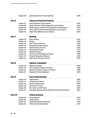 Concepts & Examples ScreenOS Reference Guide




             Chapter 26        AutoConnect-Virtual Private Networks                             1059


Part 6                         Voice-over-Internet Protocol
             Chapter 27        H.323 Application Layer Gateway                                  1091
             Chapter 28        Session Initiation Protocol Application Layer Gateway            1105
             Chapter 29        Media Gateway Control Protocol Application Layer Gateway         1157
             Chapter 30        Skinny Client Control Protocol Application Layer Gateway         1171
             Chapter 31        Apple iChat Application Layer Gateway                            1203


Part 7                         Routing
             Chapter 32        Static Routing                                                   1221
             Chapter 33        Routing                                                          1235
             Chapter 34        Open Shortest Path First                                         1269
             Chapter 35        Routing Information Protocol                                     1307
             Chapter 36        Border Gateway Protocol                                          1337
             Chapter 37        Policy-Based Routing                                             1373
             Chapter 38        Multicast Routing                                                1391
             Chapter 39        Internet Group Management Protocol                               1399
             Chapter 40        Protocol Independent Multicast                                   1425
             Chapter 41        ICMP Router Discovery Protocol                                   1461


Part 8                         Address Translation
             Chapter 42        Address Translation                                              1469
             Chapter 43        Source Network Address Translation                               1481
             Chapter 44        Destination Network Address Translation                          1499
             Chapter 45        Mapped and Virtual Addresses                                     1535


Part 9                         User Authentication
             Chapter 46        Authentication                                                   1565
             Chapter 47        Authentication Servers                                           1577
             Chapter 48        Infranet Authentication                                          1607
             Chapter 49        Authentication Users                                             1615
             Chapter 50        IKE, XAuth, and L2TP Users                                       1637
             Chapter 51        Extensible Authentication for Wireless and Ethernet Interfaces   1661


Part 10                        Virtual Systems
             Chapter 52        Virtual Systems                                                  1679
             Chapter 53        Traffic Sorting                                                  1713
             Chapter 54        VLAN-Based Traffic Classification                                1723
             Chapter 55        IP-Based Traffic Classification                                  1757




viii   ■
 
