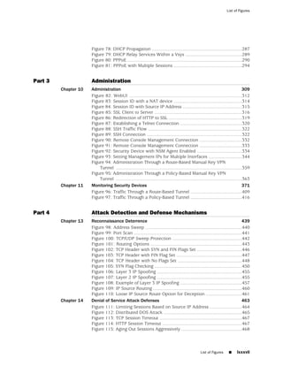 List of Figures




                      Figure 78: DHCP Propagation ......................................................................287
                      Figure 79: DHCP Relay Services Within a Vsys ............................................289
                      Figure 80: PPPoE .........................................................................................290
                      Figure 81: PPPoE with Multiple Sessions .....................................................294


Part 3                Administration
         Chapter 10   Administration                                                                                               309
                      Figure 82: WebUI ........................................................................................312
                      Figure 83: Session ID with a NAT device .....................................................314
                      Figure 84: Session ID with Source IP Address ..............................................315
                      Figure 85: SSL Client to Server ....................................................................316
                      Figure 86: Redirection of HTTP to SSL .........................................................319
                      Figure 87: Establishing a Telnet Connection ................................................320
                      Figure 88: SSH Traffic Flow .........................................................................322
                      Figure 89: SSH Connection ..........................................................................322
                      Figure 90: Remote Console Management Connection .................................332
                      Figure 91: Remote Console Management Connection .................................333
                      Figure 92: Security Device with NSM Agent Enabled ...................................334
                      Figure 93: Setting Management IPs for Multiple Interfaces ..........................344
                      Figure 94: Administration Through a Route-Based Manual Key VPN
                          Tunnel ..................................................................................................359
                      Figure 95: Administration Through a Policy-Based Manual Key VPN
                          Tunnel ..................................................................................................363
         Chapter 11   Monitoring Security Devices                                                                                  371
                      Figure 96: Traffic Through a Route-Based Tunnel ........................................409
                      Figure 97: Traffic Through a Policy-Based Tunnel ........................................416


Part 4                Attack Detection and Defense Mechanisms
         Chapter 13   Reconnaissance Deterrence                                                                                439
                      Figure 98: Address Sweep ...........................................................................440
                      Figure 99: Port Scan ....................................................................................441
                      Figure 100: TCP/UDP Sweep Protection ......................................................442
                      Figure 101: Routing Options .......................................................................443
                      Figure 102: TCP Header with SYN and FIN Flags Set ...................................446
                      Figure 103: TCP Header with FIN Flag Set ...................................................447
                      Figure 104: TCP Header with No Flags Set ..................................................448
                      Figure 105: SYN Flag Checking ....................................................................450
                      Figure 106: Layer 3 IP Spoofing ..................................................................455
                      Figure 107: Layer 2 IP Spoofing ..................................................................455
                      Figure 108: Example of Layer 3 IP Spoofing ................................................457
                      Figure 109: IP Source Routing .....................................................................460
                      Figure 110: Loose IP Source Route Option for Deception ............................461
         Chapter 14   Denial of Service Attack Defenses                                                                        463
                      Figure 111: Limiting Sessions Based on Source IP Address .........................464
                      Figure 112: Distributed DOS Attack .............................................................465
                      Figure 113: TCP Session Timeout ................................................................467
                      Figure 114: HTTP Session Timeout ..............................................................467
                      Figure 115: Aging Out Sessions Aggressively ...............................................468



                                                                                                   List of Figures     ■     lxxxvii
 