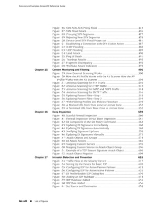 Concepts & Examples ScreenOS Reference Guide




                                 Figure 116: SYN-ACK-ACK Proxy Flood .......................................................473
                                 Figure 117: SYN Flood Attack ......................................................................476
                                 Figure 118: Proxying SYN Segments ...........................................................477
                                 Figure 119: Rejecting New SYN Segments ...................................................478
                                 Figure 120: Device-Level SYN Flood Protection ...........................................481
                                 Figure 121: Establishing a Connection with SYN Cookie Active ...................487
                                 Figure 122: ICMP Flooding ..........................................................................488
                                 Figure 123: UDP Flooding ...........................................................................489
                                 Figure 124: Land Attack ..............................................................................490
                                 Figure 125: Ping of Death ............................................................................491
                                 Figure 126: Teardrop Attacks ......................................................................492
                                 Figure 127: Fragment Discrepancy ..............................................................492
                                 Figure 128: WinNuke Attack Indicators .......................................................493
               Chapter 15        Content Monitoring and Filtering                                                                      495
                                 Figure 129: How External Scanning Works .................................................500
                                 Figure 130: How the AV Profile Works with the AV Scanner How the AV
                                      Profile Works with the AV Scanner .......................................................508
                                 Figure 131: Antivirus Scanning for FTP Traffic ............................................510
                                 Figure 132: Antivirus Scanning for HTTP Traffic ..........................................512
                                 Figure 133: Antivirus Scanning for IMAP and POP3 Traffic .........................514
                                 Figure 134: Antivirus Scanning for SMTP Traffic .........................................516
                                 Figure 135: Updating Pattern Files—Step 1 .................................................518
                                 Figure 136: Updating Pattern Files—Step 2 .................................................519
                                 Figure 137: Web-Filtering Profiles and Policies Flowchart ...........................549
                                 Figure 138: A Blocked URL from Trust Zone to Untrust Zone ......................552
                                 Figure 139: A Permitted URL from Trust Zone to Untrust Zone ...................552
               Chapter 16        Deep Inspection                                                                                       559
                                 Figure 140: Stateful Firewall Inspection .......................................................560
                                 Figure 141: Firewall Inspection Versus Deep Inspection ..............................561
                                 Figure 142: DI Component in the Set Policy Command ..............................563
                                 Figure 143: Updating DI Signatures Immediately ........................................568
                                 Figure 144: Updating DI Signatures Automatically .......................................569
                                 Figure 145: Notifying Signature Updates .....................................................570
                                 Figure 146: Updating DI Signatures Manually ..............................................572
                                 Figure 147: Attack Objects and Groups .......................................................574
                                 Figure 148: DI Attack Actions ......................................................................585
                                 Figure 149: Mapping Custom Service ..........................................................595
                                 Figure 150: Mapping Custom Service to Attack Object Group ......................596
                                 Figure 151: Example of a TCP Stream Signature Attack Object ...................605
                                 Figure 152: Attack Object Negation .............................................................609
               Chapter 17        Intrusion Detection and Prevention                                                                    615
                                 Figure 153: Traffic Flow in the Security Device ...........................................617
                                 Figure 154: Setting Up the Device for Basic IDP ..........................................620
                                 Figure 155: Configuring IDP for Active/Passive Failover ..............................623
                                 Figure 156: Configuring IDP for Active/Active Failover ................................625
                                 Figure 157: DI Profile/Enable IDP Dialog Box ..............................................630
                                 Figure 158: Adding an IDP Rulebase ...........................................................634
                                 Figure 159: IDP Rulebase Added .................................................................635
                                 Figure 160: IDP Rule Added ........................................................................636
                                 Figure 161: Set Source and Destination .......................................................638




lxxxviii   ■   List of Figures
 