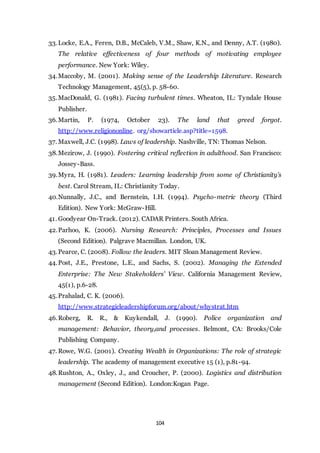 104
33.Locke, E.A., Feren, D.B., McCaleb, V.M., Shaw, K.N., and Denny, A.T. (1980).
The relative effectiveness of four methods of motivating employee
performance. New York: Wiley.
34.Maccoby, M. (2001). Making sense of the Leadership Literature. Research
Technology Management, 45(5), p. 58-60.
35.MacDonald, G. (1981). Facing turbulent times. Wheaton, IL: Tyndale House
Publisher.
36.Martin, P. (1974, October 23). The land that greed forgot.
http://www.religiononline. org/showarticle.asp?title=1598.
37. Maxwell, J.C. (1998). Laws of leadership. Nashville, TN: Thomas Nelson.
38.Mezirow, J. (1990). Fostering critical reflection in adulthood. San Francisco:
Jossey-Bass.
39.Myra, H. (1981). Leaders: Learning leadership from some of Christianity’s
best. Carol Stream, IL: Christianity Today.
40.Nunnally, J.C., and Bernstein, I.H. (1994). Psycho-metric theory (Third
Edition). New York: McGraw-Hill.
41. Goodyear On-Track. (2012). CADAR Printers. South Africa.
42.Parhoo, K. (2006). Nursing Research: Principles, Processes and Issues
(Second Edition). Palgrave Macmillan. London, UK.
43.Pearce, C. (2008). Follow the leaders. MIT Sloan Management Review.
44.Post, J.E., Prestone, L.E., and Sachs, S. (2002). Managing the Extended
Enterprise: The New Stakeholders’ View. California Management Review,
45(1), p.6-28.
45.Prahalad, C. K. (2006).
http://www.strategicleadershipforum.org/about/whystrat.htm
46.Roberg, R. R., & Kuykendall, J. (1990). Police organization and
management: Behavior, theory,and processes. Belmont, CA: Brooks/Cole
Publishing Company.
47. Rowe, W.G. (2001). Creating Wealth in Organizations: The role of strategic
leadership. The academy of management executive 15 (1), p.81-94.
48.Rushton, A., Oxley, J., and Croucher, P. (2000). Logistics and distribution
management (Second Edition). London:Kogan Page.
 