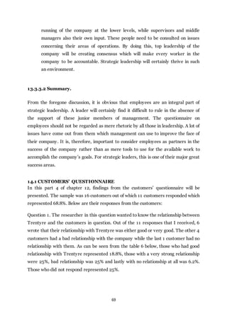 69
running of the company at the lower levels, while supervisors and middle
managers also their own input. These people need to be consulted on issues
concerning their areas of operations. By doing this, top leadership of the
company will be creating consensus which will make every worker in the
company to be accountable. Strategic leadership will certainly thrive in such
an environment.
13.3.3.2 Summary.
From the foregone discussion, it is obvious that employees are an integral part of
strategic leadership. A leader will certainly find it difficult to rule in the absence of
the support of these junior members of management. The questionnaire on
employees should not be regarded as mere rhetoric by all those in leadership. A lot of
issues have come out from them which management can use to improve the face of
their company. It is, therefore, important to consider employees as partners in the
success of the company rather than as mere tools to use for the available work to
accomplish the company’s goals. For strategic leaders, this is one of their major great
success areas.
14.1 CUSTOMERS’ QUESTIONNAIRE
In this part 4 of chapter 12, findings from the customers’ questionnaire will be
presented. The sample was 16 customers out of which 11 customers responded which
represented 68.8%. Below are their responses from the customers:
Question 1. The researcher in this question wanted to know the relationship between
Trentyre and the customers in question. Out of the 11 responses that I received, 6
wrote that their relationship with Trentyre was either good or very good. The other 4
customers had a bad relationship with the company while the last 1 customer had no
relationship with them. As can be seen from the table 6 below, those who had good
relationship with Trentyre represented 18.8%, those with a very strong relationship
were 25%, bad relationship was 25% and lastly with no relationship at all was 6.2%.
Those who did not respond represented 25%.
 