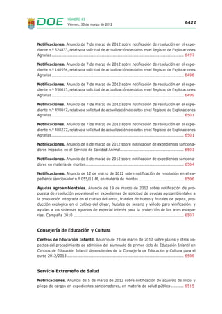 NÚMERO 63
                       Viernes, 30 de marzo de 2012                                                               6422




Notificaciones. Anuncio de 7 de marzo de 2012 sobre notificación de resolución en el expe-
diente n.º 624833, relativo a solicitud de actualización de datos en el Registro de Explotaciones
Agrarias ............................................................................................................ 6497

Notificaciones. Anuncio de 7 de marzo de 2012 sobre notificación de resolución en el expe-
diente n.º 140554, relativo a solicitud de actualización de datos en el Registro de Explotaciones
Agrarias ............................................................................................................ 6498

Notificaciones. Anuncio de 7 de marzo de 2012 sobre notificación de resolución en el expe-
diente n.º 350013, relativo a solicitud de actualización de datos en el Registro de Explotaciones
Agrarias ............................................................................................................ 6499

Notificaciones. Anuncio de 7 de marzo de 2012 sobre notificación de resolución en el expe-
diente n.º 490847, relativo a solicitud de actualización de datos en el Registro de Explotaciones
Agrarias ............................................................................................................ 6501

Notificaciones. Anuncio de 7 de marzo de 2012 sobre notificación de resolución en el expe-
diente n.º 480277, relativo a solicitud de actualización de datos en el Registro de Explotaciones
Agrarias ............................................................................................................ 6501

Notificaciones. Anuncio de 8 de marzo de 2012 sobre notificación de expedientes sanciona-
dores incoados en el Servicio de Sanidad Animal.................................................... 6503

Notificaciones. Anuncio de 8 de marzo de 2012 sobre notificación de expedientes sanciona-
dores en materia de montes................................................................................ 6504

Notificaciones. Anuncio de 12 de marzo de 2012 sobre notificación de resolución en el ex-
pediente sancionador n.º 055/11-M, en materia de montes .................................... 6506

Ayudas agroambientales. Anuncio de 19 de marzo de 2012 sobre notificación de pro-
puesta de resolución provisional en expedientes de solicitud de ayudas agroambientales a
la producción integrada en el cultivo del arroz, frutales de hueso y frutales de pepita, pro-
ducción ecológica en el cultivo del olivar, frutales de secano y viñedo para vinificación, y
ayudas a los sistemas agrarios de especial interés para la protección de las aves estepa-
rias. Campaña 2010 .......................................................................................... 6507



Consejería de Educación y Cultura

Centros de Educación Infantil. Anuncio de 23 de marzo de 2012 sobre plazos y otros as-
pectos del procedimiento de admisión del alumnado de primer ciclo de Educación Infantil en
Centros de Educación Infantil dependientes de la Consejería de Educación y Cultura para el
curso 2012/2013................................................................................................ 6508



Servicio Extremeño de Salud

Notificaciones. Anuncio de 5 de marzo de 2012 sobre notificación de acuerdo de inicio y
pliego de cargos en expedientes sancionadores, en materia de salud pública .......... 6515
 