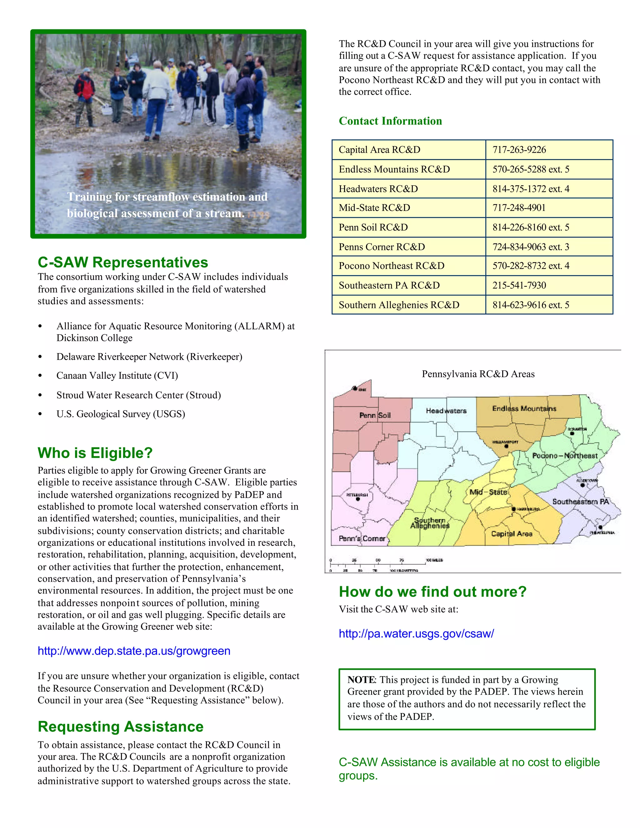 NOTE: This project is funded in part by a Growing
Greener grant provided by the PADEP. The views herein
are those of the authors and do not necessarily reflect the
views of the PADEP.
C-SAW Representatives
The consortium working under C-SAW includes individuals
from five organizations skilled in the field of watershed
studies and assessments:
• Alliance for Aquatic Resource Monitoring (ALLARM) at
Dickinson College
• Delaware Riverkeeper Network (Riverkeeper)
• Canaan Valley Institute (CVI)
• Stroud Water Research Center (Stroud)
• U.S. Geological Survey (USGS)
Who is Eligible?
Parties eligible to apply for Growing Greener Grants are
eligible to receive assistance through C-SAW. Eligible parties
include watershed organizations recognized by PaDEP and
established to promote local watershed conservation efforts in
an identified watershed; counties, municipalities, and their
subdivisions; county conservation districts; and charitable
organizations or educational institutions involved in research,
restoration, rehabilitation, planning, acquisition, development,
or other activities that further the protection, enhancement,
conservation, and preservation of Pennsylvania’s
environmental resources. In addition, the project must be one
that addresses nonpoint sources of pollution, mining
restoration, or oil and gas well plugging. Specific details are
available at the Growing Greener web site:
http://www.dep.state.pa.us/growgreen
If you are unsure whether your organization is eligible, contact
the Resource Conservation and Development (RC&D)
Council in your area (See “Requesting Assistance” below).
Requesting Assistance
To obtain assistance, please contact the RC&D Council in
your area. The RC&D Councils are a nonprofit organization
authorized by the U.S. Department of Agriculture to provide
administrative support to watershed groups across the state.
The RC&D Council in your area will give you instructions for
filling out a C-SAW request for assistance application. If you
are unsure of the appropriate RC&D contact, you may call the
Pocono Northeast RC&D and they will put you in contact with
the correct office.
Contact Information
Capital Area RC&D 717-263-9226
Endless Mountains RC&D 570-265-5288 ext. 5
Headwaters RC&D 814-375-1372 ext. 4
Mid-State RC&D 717-248-4901
Penn Soil RC&D 814-226-8160 ext. 5
Penns Corner RC&D 724-834-9063 ext. 3
Pocono Northeast RC&D 570-282-8732 ext. 4
Southeastern PA RC&D 215-541-7930
Southern Alleghenies RC&D 814-623-9616 ext. 5
How do we find out more?
Visit the C-SAW web site at:
http://pa.water.usgs.gov/csaw/
C-SAW Assistance is available at no cost to eligible
groups.
Training for streamflow estimation and
biological assessment of a stream.
Pennsylvania RC&D Areas
 