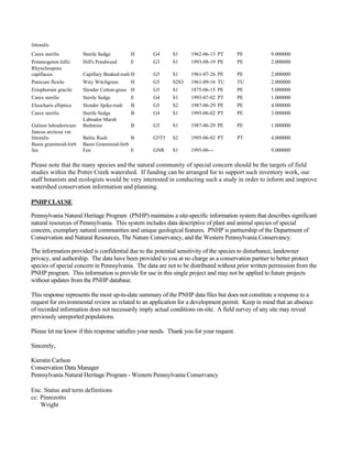 littoralis
Carex sterilis Sterile Sedge H G4 S1 1962-06-13 PT PE 9.000000
Potamogeton hillii Hill's Pondweed E G3 S1 1993-08-19 PE PE 2.000000
Rhynchospora
capillacea Capillary Beaked-rush H G5 S1 1961-07-26 PE PE 2.000000
Panicum flexile Wiry Witchgrass H G5 S2S3 1961-09-16 TU TU 2.000000
Eriophorum gracile Slender Cotton-grass H G5 S1 1875-06-15 PE PE 5.000000
Carex sterilis Sterile Sedge E G4 S1 1993-07-02 PT PE 1.000000
Eleocharis elliptica Slender Spike-rush B G5 S2 1987-06-29 PE PE 4.000000
Carex sterilis Sterile Sedge B G4 S1 1995-06-02 PT PE 3.000000
Galium labradoricum
Labrador Marsh
Bedstraw B G5 S1 1987-06-29 PE PE 1.000000
Juncus arcticus var.
littoralis Baltic Rush B G5T5 S2 1995-06-02 PT PT 4.000000
Basin graminoid-forb
fen
Basin Graminoid-forb
Fen E GNR S1 1995-06--- 9.000000
Please note that the many species and the natural community of special concern should be the targets of field
studies within the Potter Creek watershed. If funding can be arranged for to support such inventory work, our
staff botanists and ecologists would be very interested in conducting such a study in order to inform and improve
watershed conservation information and planning.
PNHPCLAUSE
Pennsylvania Natural Heritage Program (PNHP) maintains a site-specific information system that describes significant
natural resources of Pennsylvania. This system includes data descriptive of plant and animal species of special
concern, exemplary natural communities and unique geological features. PNHP is partnership of the Department of
Conservation and Natural Resources, The Nature Conservancy, and the Western Pennsylvania Conservancy.
The information provided is confidential due to the potential sensitivity of the species to disturbance, landowner
privacy, and authorship. The data have been provided to you at no charge as a conservation partner to better protect
species of special concern in Pennsylvania. The data are not to be distributed without prior written permission from the
PNHP program. This information is provide for use in this single project and may not be applied to future projects
without updates from the PNHP database.
This response represents the most up-to-date summary of the PNHP data files but does not constitute a response to a
request for environmental review as related to an application for a development permit. Keep in mind that an absence
of recorded information does not necessarily imply actual conditions on-site. A field survey of any site may reveal
previously unreported populations.
Please let me know if this response satisfies your needs. Thank you for your request.
Sincerely,
Kierstin Carlson
Conservation Data Manager
Pennsylvania Natural Heritage Program - Western Pennsylvania Conservancy
Enc. Status and term definitions
cc: Pinnizotto
Wright
 