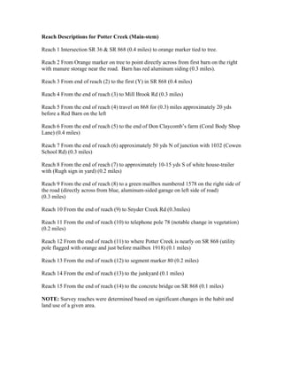 Reach Descriptions for Potter Creek (Main-stem)
Reach 1 Intersection SR 36 & SR 868 (0.4 miles) to orange marker tied to tree.
Reach 2 From Orange marker on tree to point directly across from first barn on the right
with manure storage near the road. Barn has red aluminum siding (0.3 miles).
Reach 3 From end of reach (2) to the first (Y) in SR 868 (0.4 miles)
Reach 4 From the end of reach (3) to Mill Brook Rd (0.3 miles)
Reach 5 From the end of reach (4) travel on 868 for (0.3) miles approximately 20 yds
before a Red Barn on the left
Reach 6 From the end of reach (5) to the end of Don Claycomb’s farm (Coral Body Shop
Lane) (0.4 miles)
Reach 7 From the end of reach (6) approximately 50 yds N of junction with 1032 (Cowen
School Rd) (0.3 miles)
Reach 8 From the end of reach (7) to approximately 10-15 yds S of white house-trailer
with (Rugh sign in yard) (0.2 miles)
Reach 9 From the end of reach (8) to a green mailbox numbered 1578 on the right side of
the road (directly across from blue, aluminum-sided garage on left side of road)
(0.3 miles)
Reach 10 From the end of reach (9) to Snyder Creek Rd (0.3miles)
Reach 11 From the end of reach (10) to telephone pole 78 (notable change in vegetation)
(0.2 miles)
Reach 12 From the end of reach (11) to where Potter Creek is nearly on SR 868 (utility
pole flagged with orange and just before mailbox 1918) (0.1 miles)
Reach 13 From the end of reach (12) to segment marker 80 (0.2 miles)
Reach 14 From the end of reach (13) to the junkyard (0.1 miles)
Reach 15 From the end of reach (14) to the concrete bridge on SR 868 (0.1 miles)
NOTE: Survey reaches were determined based on significant changes in the habit and
land use of a given area.
 