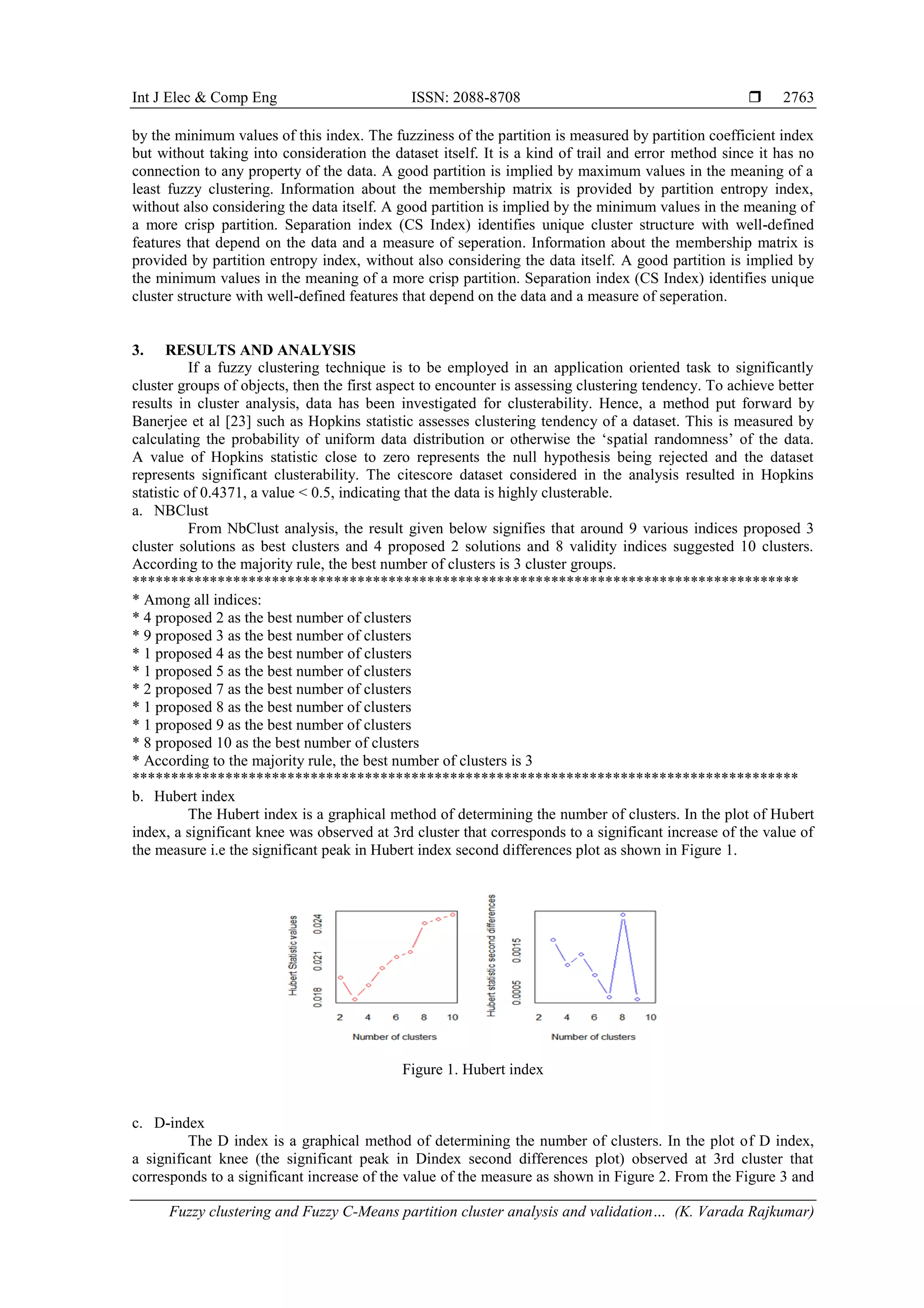 Int J Elec & Comp Eng ISSN: 2088-8708  Fuzzy clustering and Fuzzy C-Means partition cluster analysis and validation… (K. Varada Rajkumar) 2763 by the minimum values of this index. The fuzziness of the partition is measured by partition coefficient index but without taking into consideration the dataset itself. It is a kind of trail and error method since it has no connection to any property of the data. A good partition is implied by maximum values in the meaning of a least fuzzy clustering. Information about the membership matrix is provided by partition entropy index, without also considering the data itself. A good partition is implied by the minimum values in the meaning of a more crisp partition. Separation index (CS Index) identifies unique cluster structure with well-defined features that depend on the data and a measure of seperation. Information about the membership matrix is provided by partition entropy index, without also considering the data itself. A good partition is implied by the minimum values in the meaning of a more crisp partition. Separation index (CS Index) identifies unique cluster structure with well-defined features that depend on the data and a measure of seperation. 3. RESULTS AND ANALYSIS If a fuzzy clustering technique is to be employed in an application oriented task to significantly cluster groups of objects, then the first aspect to encounter is assessing clustering tendency. To achieve better results in cluster analysis, data has been investigated for clusterability. Hence, a method put forward by Banerjee et al [23] such as Hopkins statistic assesses clustering tendency of a dataset. This is measured by calculating the probability of uniform data distribution or otherwise the ‘spatial randomness’ of the data. A value of Hopkins statistic close to zero represents the null hypothesis being rejected and the dataset represents significant clusterability. The citescore dataset considered in the analysis resulted in Hopkins statistic of 0.4371, a value < 0.5, indicating that the data is highly clusterable. a. NBClust From NbClust analysis, the result given below signifies that around 9 various indices proposed 3 cluster solutions as best clusters and 4 proposed 2 solutions and 8 validity indices suggested 10 clusters. According to the majority rule, the best number of clusters is 3 cluster groups. ************************************************************************************** * Among all indices: * 4 proposed 2 as the best number of clusters * 9 proposed 3 as the best number of clusters * 1 proposed 4 as the best number of clusters * 1 proposed 5 as the best number of clusters * 2 proposed 7 as the best number of clusters * 1 proposed 8 as the best number of clusters * 1 proposed 9 as the best number of clusters * 8 proposed 10 as the best number of clusters * According to the majority rule, the best number of clusters is 3 ************************************************************************************** b. Hubert index The Hubert index is a graphical method of determining the number of clusters. In the plot of Hubert index, a significant knee was observed at 3rd cluster that corresponds to a significant increase of the value of the measure i.e the significant peak in Hubert index second differences plot as shown in Figure 1. Figure 1. Hubert index c. D-index The D index is a graphical method of determining the number of clusters. In the plot of D index, a significant knee (the significant peak in Dindex second differences plot) observed at 3rd cluster that corresponds to a significant increase of the value of the measure as shown in Figure 2. From the Figure 3 and 