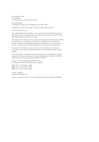 First published 2018
by Routledge
711 Third Avenue, New York, NY 10017
and by Routledge
2 Park Square, Milton Park, Abingdon, Oxon, OX14 4RN
Routledge is an imprint of the Taylor & Francis Group, an informa business
© 2018 Taylor & Francis
The right of Nicholas H. Woolf and Christina Silver to be identiﬁed as authors of
this work has been asserted by them in accordance with sections 77 and 78 of the
Copyright, Designs and Patents Act 1988.
All rights reserved. No part of this book may be reprinted or reproduced or utilised
in any form or by any electronic, mechanical, or other means, now known or
hereafter invented, including photocopying and recording, or in any information
storage or retrieval system, without permission in writing from the publishers.
Trademark notice: Product or corporate names may be trademarks or registered
trademarks, and are used only for identiﬁcation and explanation without intent to
infringe.
Five-Level QDA is a trademark owned by Christina Teal and Nicholas H. Woolf,
registered as European Community Trademark Registration Number 015596976,
and United States Trademark Serial Number 87080134.
Library of Congress Cataloging-in-Publication Data
A catalog record for this book has been requested
ISBN: 978-1-138-74366-3 (hbk)
ISBN: 978-1-138-74367-0 (pbk)
ISBN: 978-1-315-18166-0 (ebk)
Typeset in Bembo
by Apex CoVantage, LLC
Visit the companion website: www.routledgetextbooks.com/textbooks/5LQDA
 