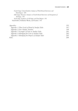 Extended Contents xiii
Fourth Stage: Critical Incident Analysis of Third-Round Interviews and
Third Report 189
Fifth Stage: Discourse Analysis on Fourth-Round Interviews and Integration of
All Stages 191
Sixth Stage: Synthesis of All Stages and Final Report 191
Stakeholders, Published Works, and Funders 193
Appendices 195
Appendix 1: Three Levels of Detail of Analytic Tasks 197
Appendix 2: Five Analytic Activities 198
Appendix 3: Examples of Units in Analytic Tasks 201
Appendix 4: Identifying the Units of Analytic Tasks 202
Appendix 5: Identifying the Purpose of Analytic Tasks 205
Index 208
 