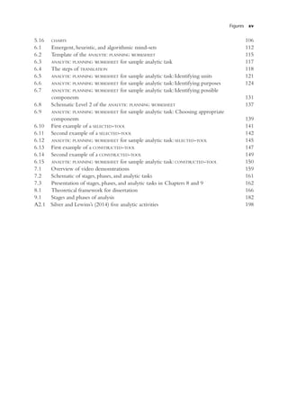 Figures xv
5.16 CHARTS 106
6.1 Emergent, heuristic, and algorithmic mind-sets 112
6.2 Template of the ANALYTIC PLANNING WORKSHEET 115
6.3 ANALYTIC PLANNING WORKSHEET for sample analytic task 117
6.4 The steps of TRANSLATION 118
6.5 ANALYTIC PLANNING WORKSHEET for sample analytic task: Identifying units 121
6.6 ANALYTIC PLANNING WORKSHEET for sample analytic task: Identifying purposes 124
6.7 ANALYTIC PLANNING WORKSHEET for sample analytic task: Identifying possible
components 131
6.8 Schematic Level 2 of the ANALYTIC PLANNING WORKSHEET 137
6.9 ANALYTIC PLANNING WORKSHEET for sample analytic task: Choosing appropriate
components 139
6.10 First example of a SELECTED-TOOL 141
6.11 Second example of a SELECTED-TOOL 142
6.12 ANALYTIC PLANNING WORKSHEET for sample analytic task: SELECTED-TOOL 145
6.13 First example of a CONSTRUCTED-TOOL 147
6.14 Second example of a CONSTRUCTED-TOOL 149
6.15 ANALYTIC PLANNING WORKSHEET for sample analytic task: CONSTRUCTED-TOOL 150
7.1 Overview of video demonstrations 159
7.2 Schematic of stages, phases, and analytic tasks 161
7.3 Presentation of stages, phases, and analytic tasks in Chapters 8 and 9 162
8.1 Theoretical framework for dissertation 166
9.1 Stages and phases of analysis 182
A2.1 Silver and Lewins’s (2014) ﬁve analytic activities 198
 