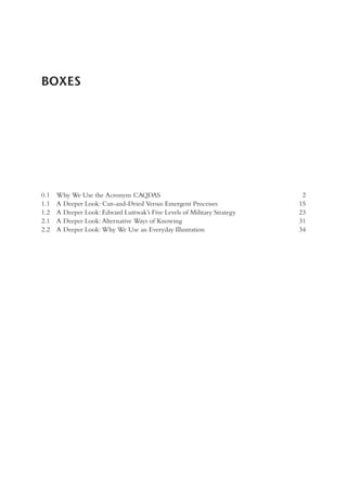 0.1 Why We Use the Acronym CAQDAS 2
1.1 A Deeper Look: Cut-and-Dried Versus Emergent Processes 15
1.2 A Deeper Look: Edward Luttwak’s Five Levels of Military Strategy 23
2.1 A Deeper Look: Alternative Ways of Knowing 31
2.2 A Deeper Look: Why We Use an Everyday Illustration 34
BOXES
 