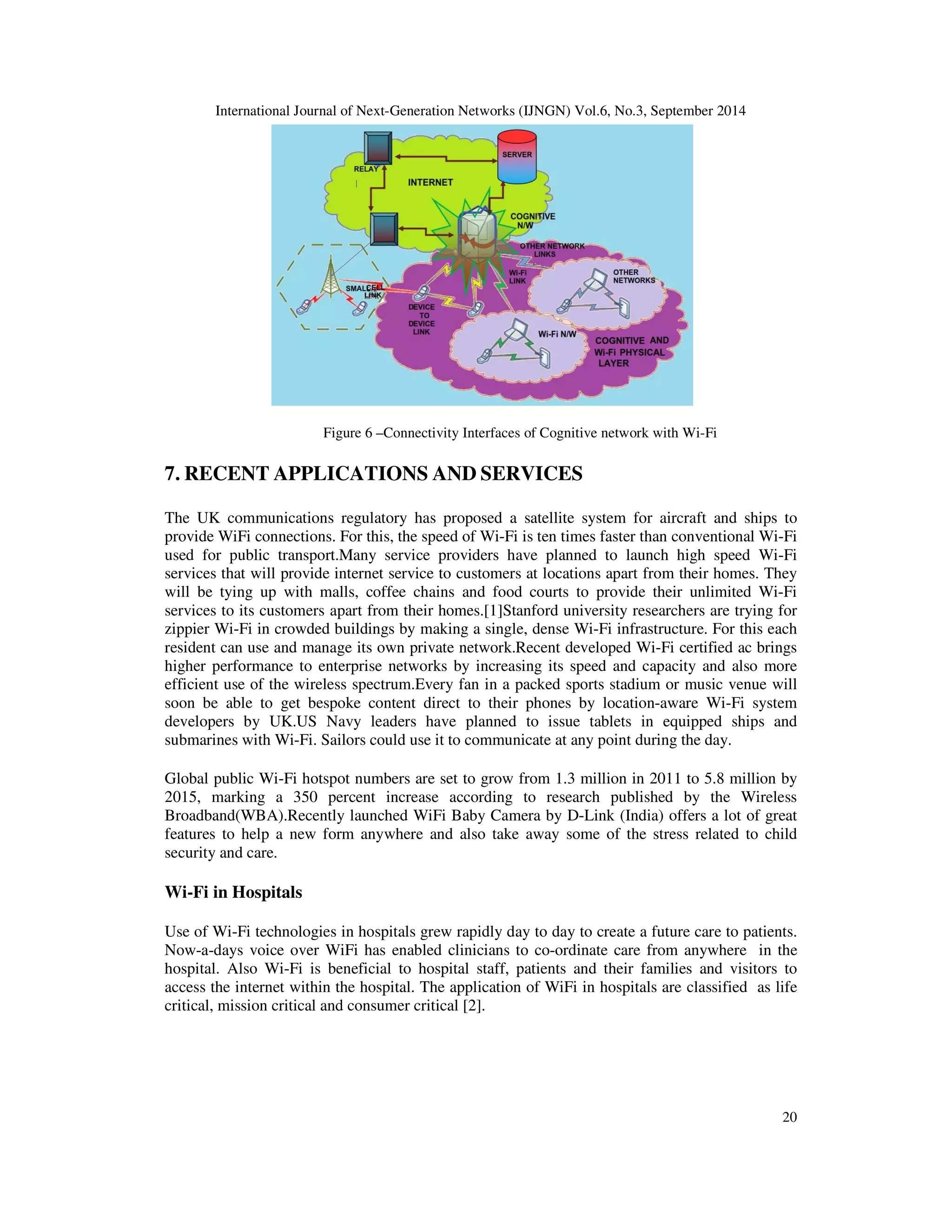 International Journal of Next-Generation Networks (IJNGN) Vol.6, No.3, September 2014 
20 
Figure 6 –Connectivity Interfaces of Cognitive network with Wi-Fi 
7. RECENT APPLICATIONS AND SERVICES 
The UK communications regulatory has proposed a satellite system for aircraft and ships to 
provide WiFi connections. For this, the speed of Wi-Fi is ten times faster than conventional Wi-Fi 
used for public transport.Many service providers have planned to launch high speed Wi-Fi 
services that will provide internet service to customers at locations apart from their homes. They 
will be tying up with malls, coffee chains and food courts to provide their unlimited Wi-Fi 
services to its customers apart from their homes.[1]Stanford university researchers are trying for 
zippier Wi-Fi in crowded buildings by making a single, dense Wi-Fi infrastructure. For this each 
resident can use and manage its own private network.Recent developed Wi-Fi certified ac brings 
higher performance to enterprise networks by increasing its speed and capacity and also more 
efficient use of the wireless spectrum.Every fan in a packed sports stadium or music venue will 
soon be able to get bespoke content direct to their phones by location-aware Wi-Fi system 
developers by UK.US Navy leaders have planned to issue tablets in equipped ships and 
submarines with Wi-Fi. Sailors could use it to communicate at any point during the day. 
Global public Wi-Fi hotspot numbers are set to grow from 1.3 million in 2011 to 5.8 million by 
2015, marking a 350 percent increase according to research published by the Wireless 
Broadband(WBA).Recently launched WiFi Baby Camera by D-Link (India) offers a lot of great 
features to help a new form anywhere and also take away some of the stress related to child 
security and care. 
Wi-Fi in Hospitals 
Use of Wi-Fi technologies in hospitals grew rapidly day to day to create a future care to patients. 
Now-a-days voice over WiFi has enabled clinicians to co-ordinate care from anywhere in the 
hospital. Also Wi-Fi is beneficial to hospital staff, patients and their families and visitors to 
access the internet within the hospital. The application of WiFi in hospitals are classified as life 
critical, mission critical and consumer critical [2]. 
 