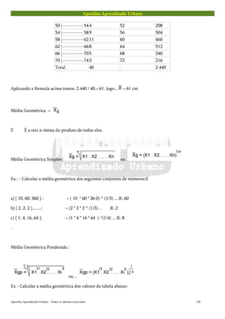 Apostilas Aprendizado Urbano
50 |------------ 54 4 52 208
54 |------------ 58 9 56 504
58 |------------ 62 11 60 660
62 |------------ 66 8 64 512
66 |------------ 70 5 68 340
70 |------------ 74 3 72 216
Total 40 2.440
Aplicando a fórmula acima temos: 2.440 / 40.= 61. logo... = 61 cm
Média Geométrica = g
 É a raiz n-ésima do produto de todos eles.
Média Geométrica Simples: ou .
Ex.: - Calcular a média geométrica dos seguintes conjuntos de números:E
a) { 10, 60, 360 }.: = ( 10 * 60 * 36 0) ^ (1/3) ....R: 60
b) { 2, 2, 2 }........: = (2 * 2 * 2 ^ (1/3) .. .R: 2
c) { 1, 4, 16, 64 }: = (1 * 4 * 16 * 64 ) ^(1/4) ....R: 8
.
Média Geométrica Ponderada :
ou ..
Ex - Calcular a média geométrica dos valores da tabela abaixo:
Apostilas Aprendizado Urbano – Todos os direitos reservados 128
 