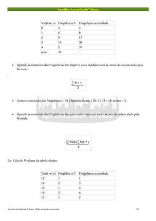 Apostilas Aprendizado Urbano
Variável xi Freqüência fi Freqüência acumulada
0 2 2
1 6 8
2 9 17
3 13 30
4 5 35
total 35
• Quando o somatório das freqüências for ímpar o valor mediano será o termo de ordem dado pela
fórmula :
.
• Como o somatório das freqüências = 35 a fórmula ficará: ( 35+1 ) / 2 = 18º termo = 3..
• Quando o somatório das freqüências for par o valor mediano será o termo de ordem dado pela
fórmula:
Ex: Calcule Mediana da tabela abaixo:
Variável xi Freqüência fi Freqüência acumulada
12 1 1
14 2 3
15 1 4
16 2 6
17 1 7
Apostilas Aprendizado Urbano – Todos os direitos reservados 136
 