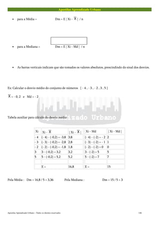 Apostilas Aprendizado Urbano
• para a Média = Dm = E | Xi - | / n
• para a Mediana = Dm = E | Xi - Md | / n
• As barras verticais indicam que são tomados os valores absolutos, prescindindo do sinal dos desvios.
Ex: Calcular o desvio médio do conjunto de números { - 4 , - 3 , - 2 , 3 , 5 }
= - 0, 2 e Md = - 2
Tabela auxiliar para cálculo do desvio médio
Xi Xi - | Xi - | Xi - Md | Xi - Md |
- 4 (- 4) - (-0,2) = -3,8 3,8 (- 4) - (-2) = - 2 2
- 3 (- 3) - (-0,2) = -2,8 2,8 (- 3) - (-2) = - 1 1
- 2 (- 2) - (-0,2) = -1,8 1,8 (- 2) - (-2) = 0 0
3 3 - (-0,2) = 3,2 3,2 3 - (-2) = 5 5
5 5 - (-0,2) = 5,2 5,2 5 - (-2) = 7 7
E = 16,8 E = 15
Pela Média : Dm = 16,8 / 5 = 3,36 Pela Mediana : Dm = 15 / 5 = 3
Apostilas Aprendizado Urbano – Todos os direitos reservados 146
 
